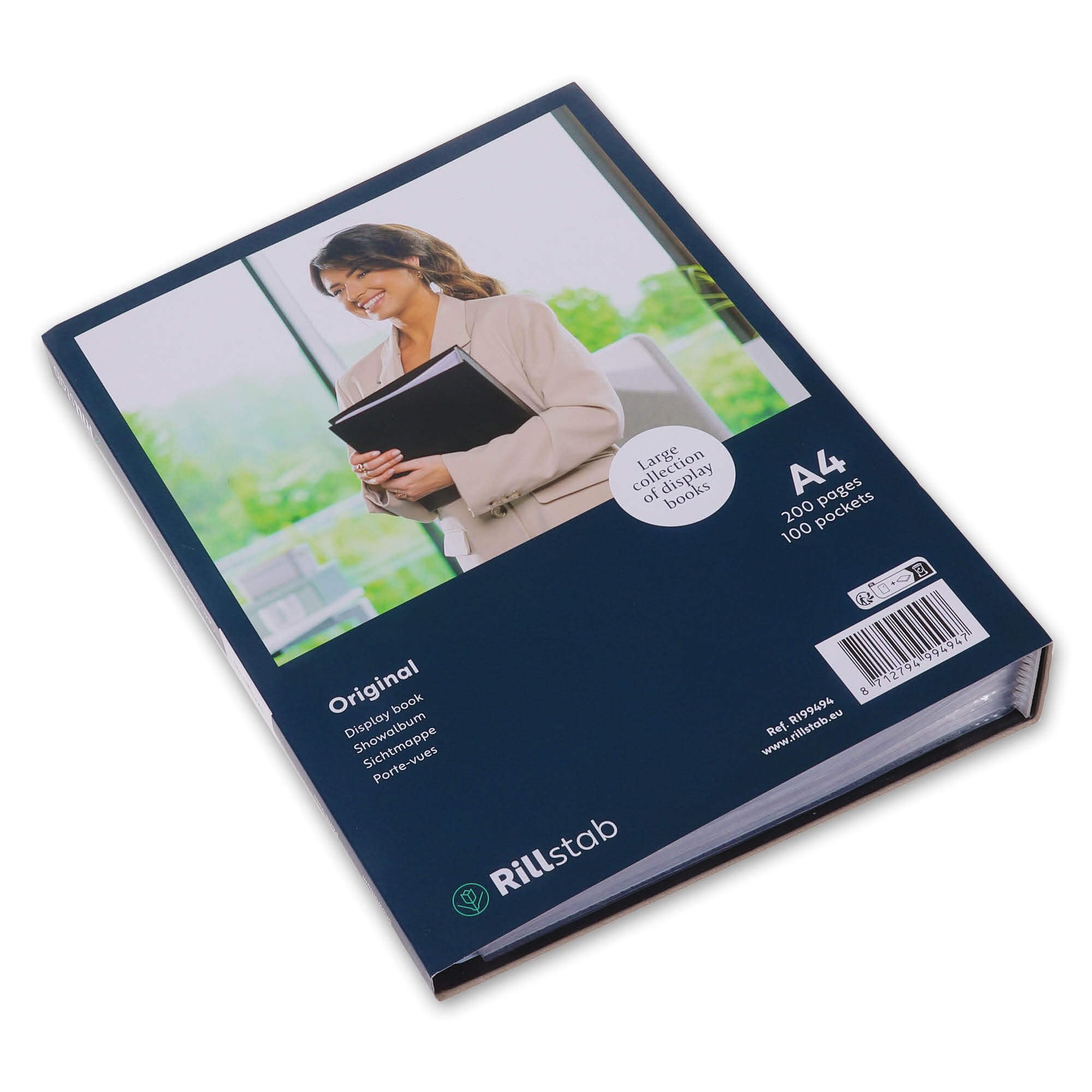 original A4 Präsentationsmappe für Schule & Projekt - Sichtbuch & Präsentationsbuch - 100 Transparente Hüllen - Dokumente Organisieren ohne Lochen- Schwarz, RI99494 | Patentierte Präsentationsmappe mit flach liegendem Mechanismus für Schule, Büro, Musik,