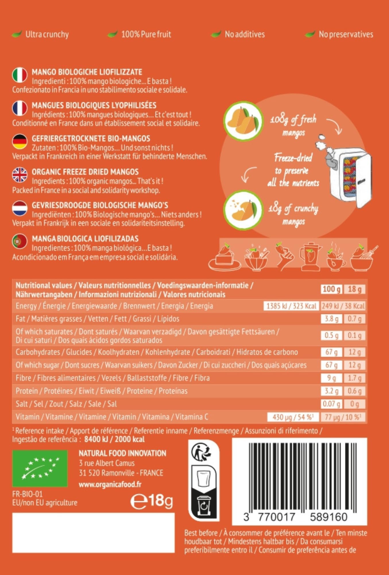 Organica Food Crunchy Mangues lyophilisées Bio 100% fruit – 5 sachets – Fruits lyophilisés snack croustillant vegan sans sucres ajoutés