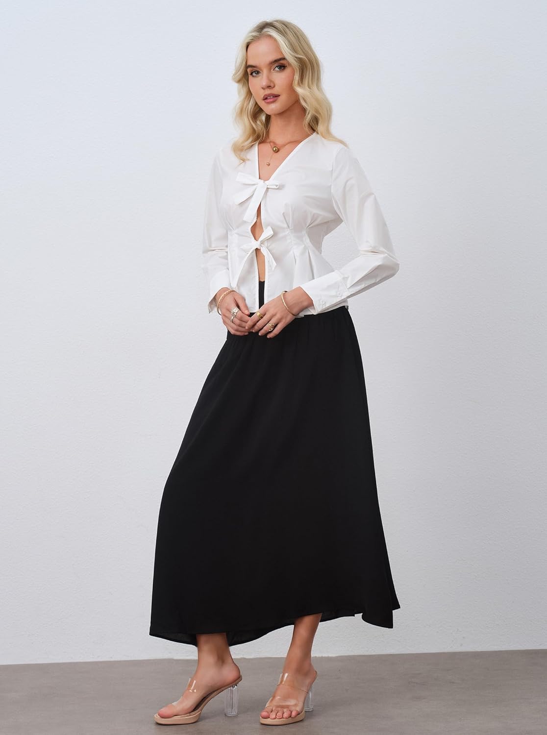 Women's Summer Side Tie Boho Maxi Skirt Shirred High Waisted Ruched Flowy Beach Long Skirts - Image 6