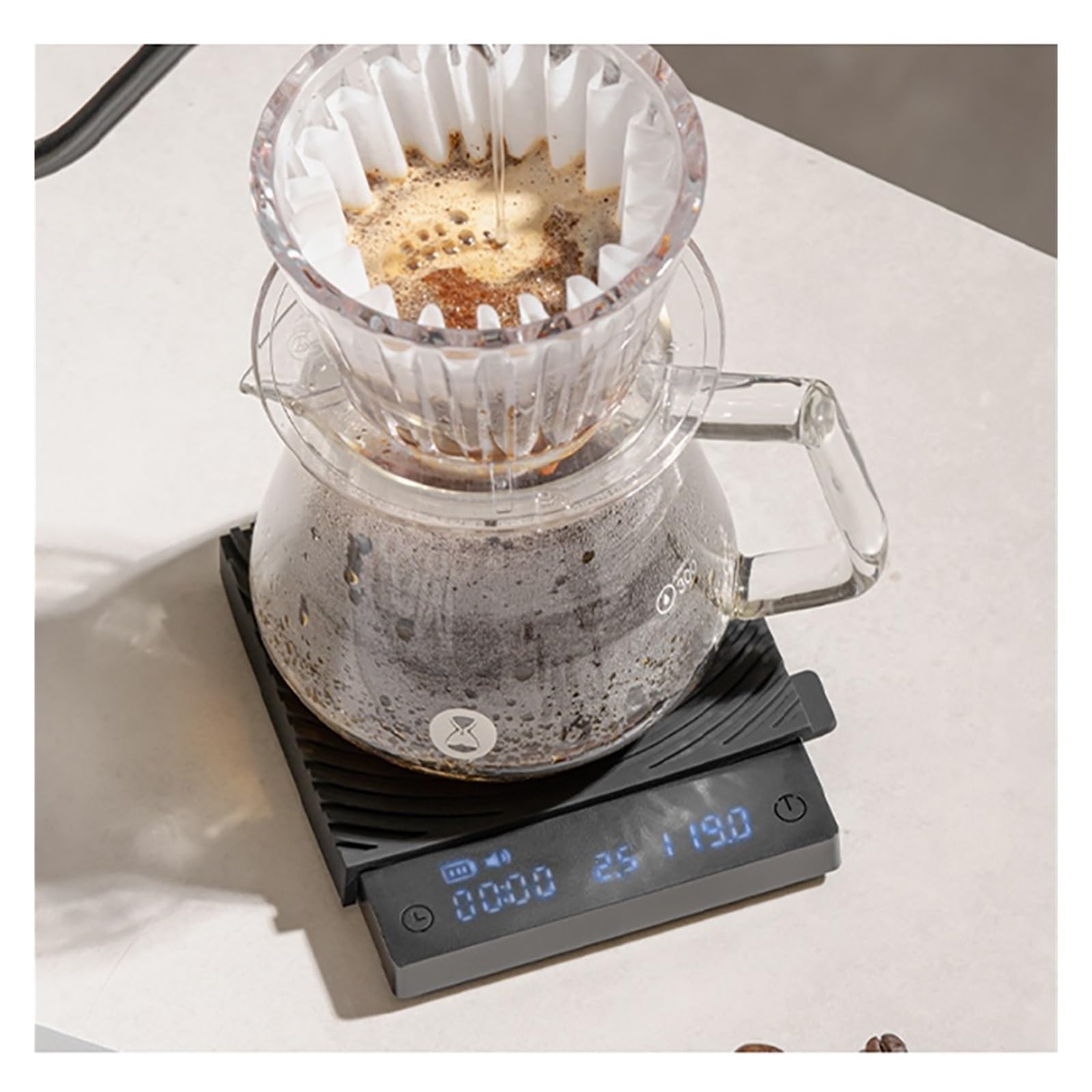 Bascula de Cocina, Mini báscula for espresso con filtro de espejo negro, caudal de preparación y almohadilla de aislamiento térmico.