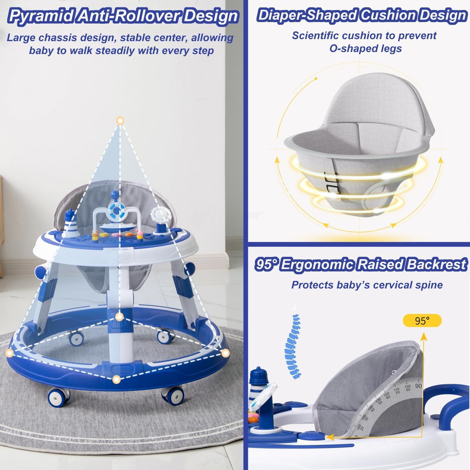 5 w 1 chodzik Baby Walker, z regulacją wysokości, składane, 360°, z muzyką i zdejmowaną tacą, nadaje się dla dzieci od 6 miesięcy