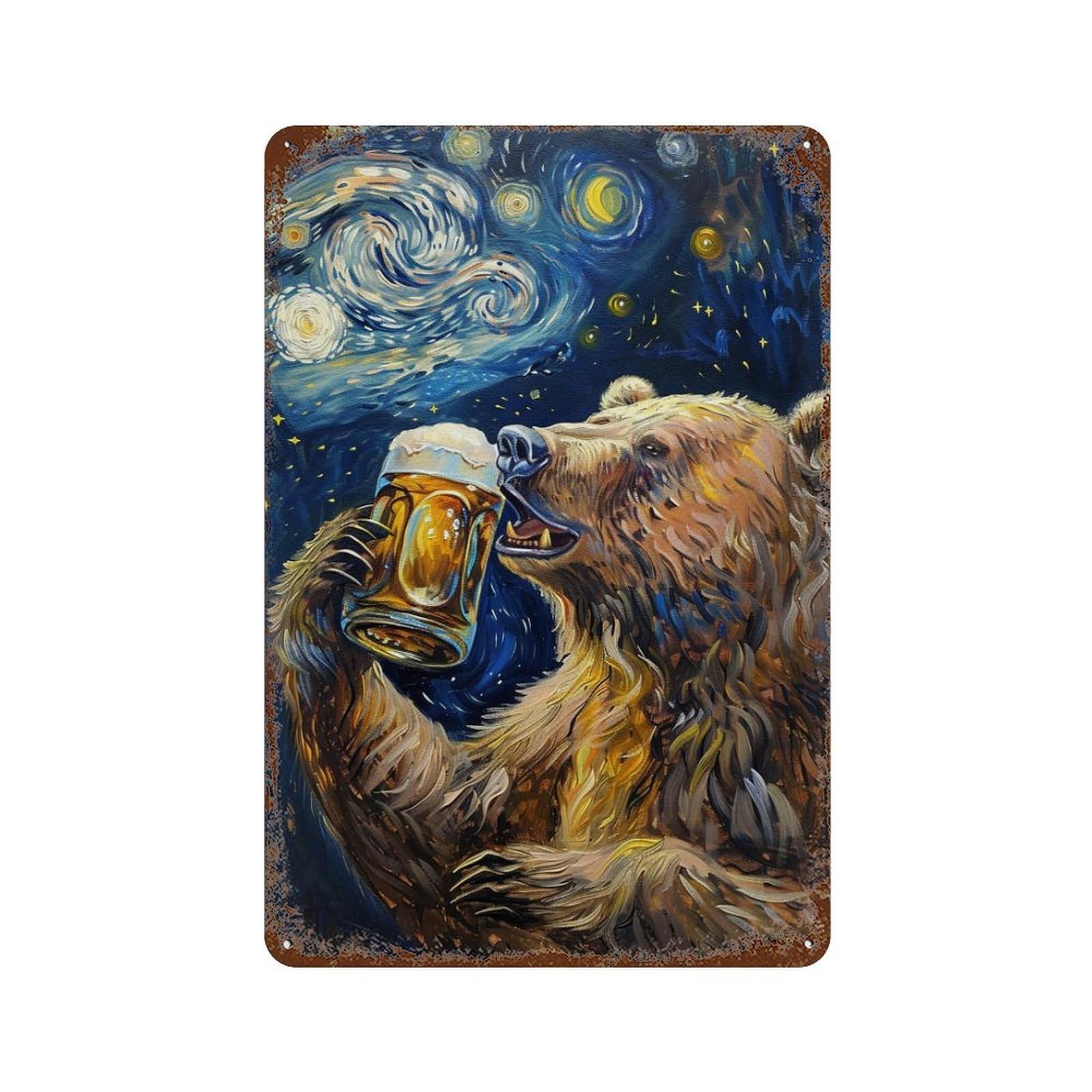 Vintage Rust Metal Sign Bear Drinking Beer Art Print 11.8"x7.9", Industrial Home Decor for Farmhouse, Kitchen And Entryway Decor