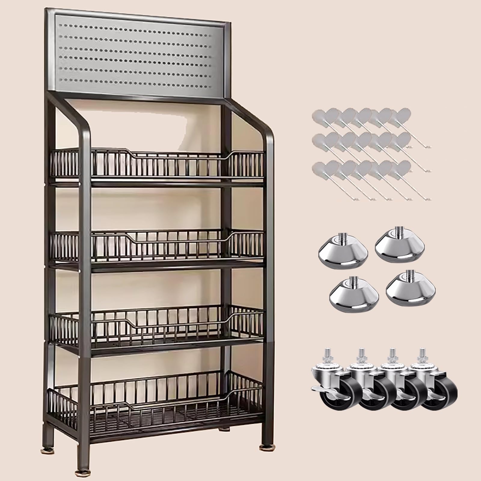 HDYZJQ Commercial Supermarket Shelf Display Rack, Free Standing Snack Shelf with Hook & Wheels, Pantry/Garage/Retail Store Rolling Food Rack (Color : Black, Size : 4 Layers 140x28x60cm)