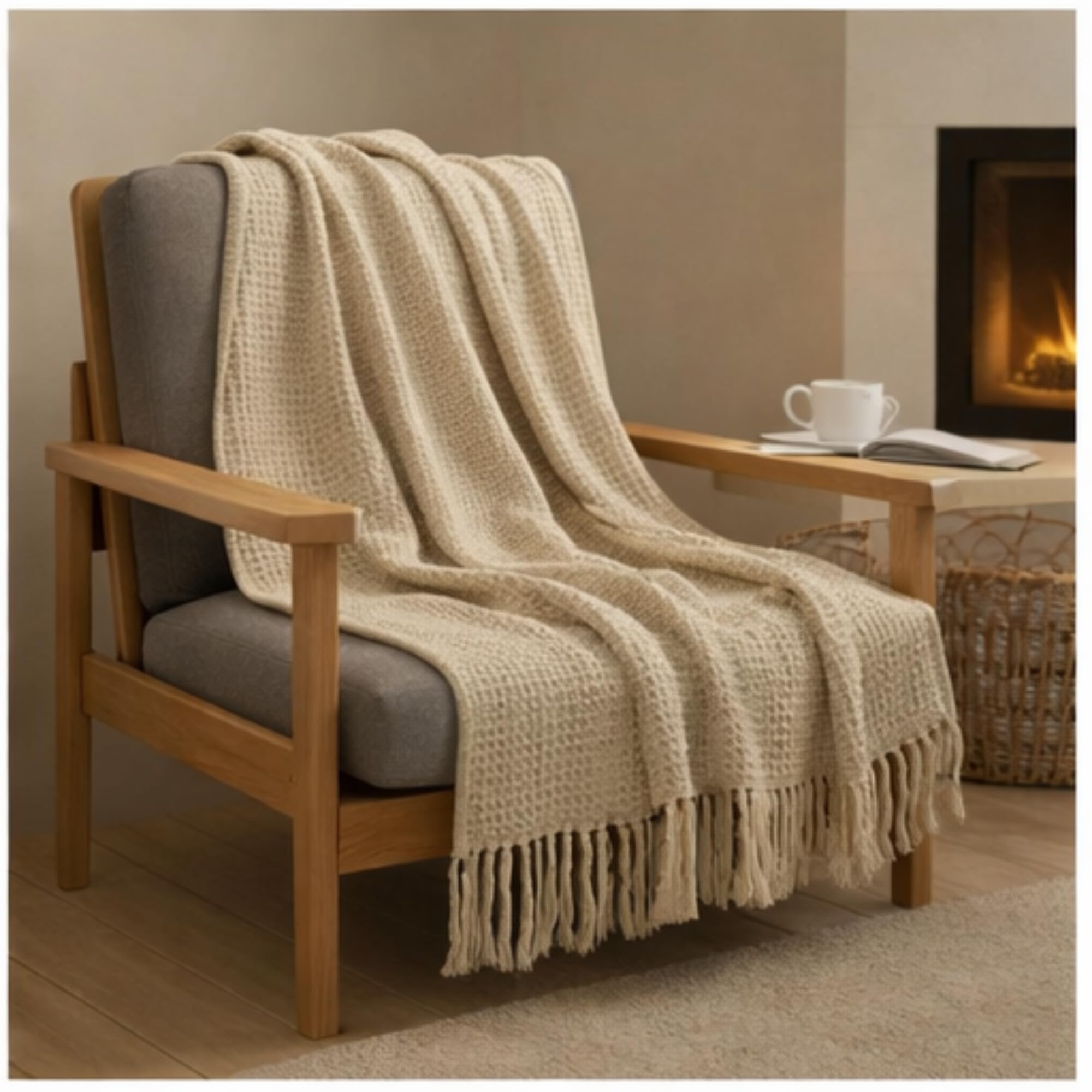 Tarantaran Knitted Couch Throw Blanket, Soft Lightweight Sofa Blanket with Tassels for Living Room, Bed & Travel (Beige)-picture-14
