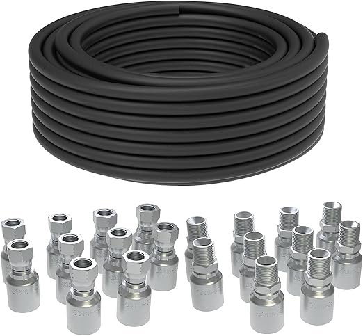 100 Ft 3/8 inch Hydraulic Hose with 20PCS 3/8" JIC 37° Female & NPTF Male Hydraulic Hose Fittings, Hydraulic Oil Flexible Hose -20℃ to 140℃ Coiled W.P.7685PSI