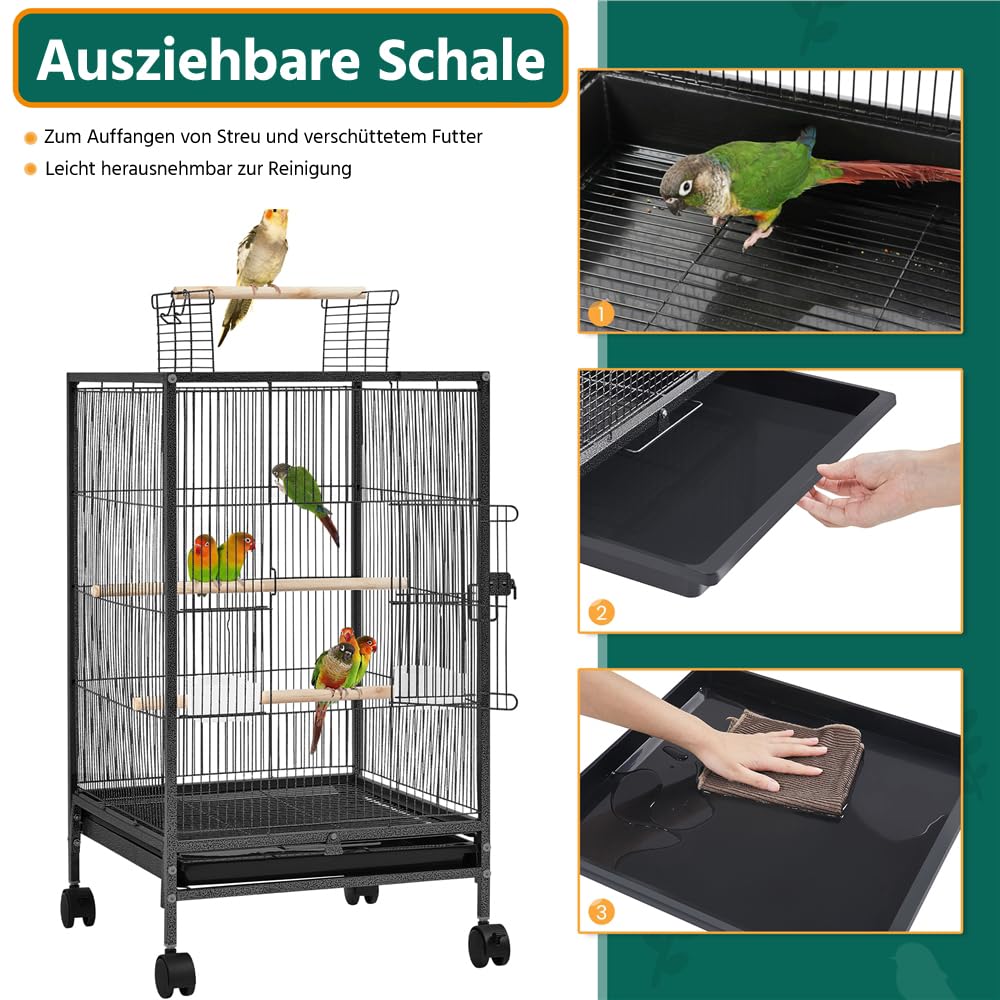 Yaheetech Vogelkäfig mit offenem Dach, Vogelvoliere mit Holzstangen und 360° drehbaren Rollen, 2 Futternäpfe & Schublade, großer Raum für Vögel, 45,5x45,5x89,5 cm
