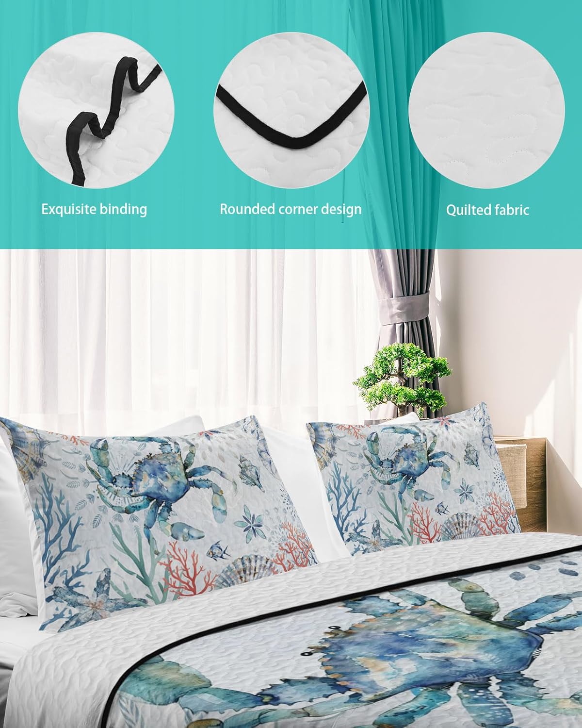 King Size Quilt Set, Summer Sea Crab Coral Lightweight Bedspread Coverlet Set Soft Microfiber Summer Quilt with 2 Pillow Shams, Marine Life on Blue Background 3 Piece Comforter Bedding Set