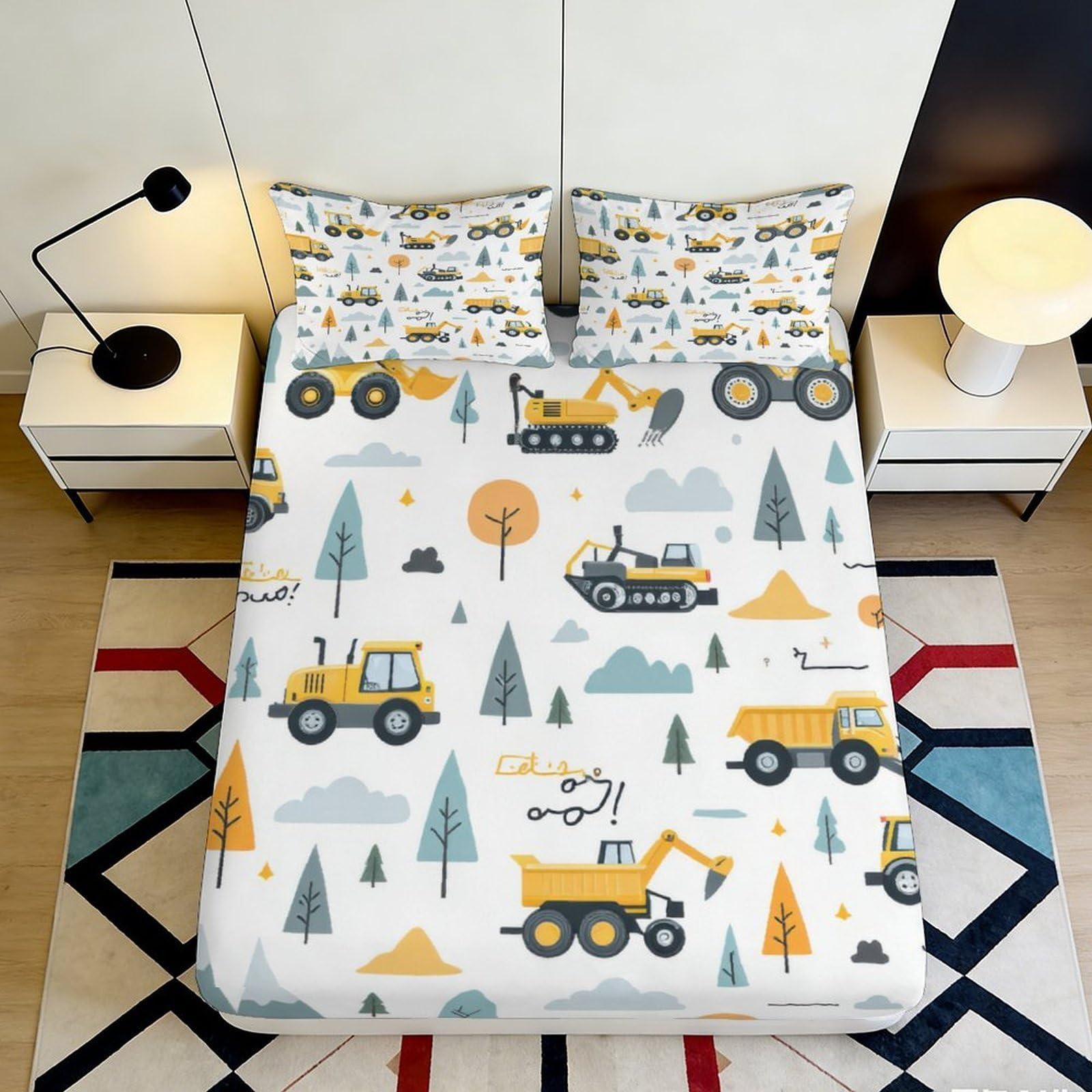 3D Printed Construction Vehicles Fitted Sheet Microfiber Soft Yellow Grey Machinery Bed Cover for Bedroom Dorm Mattress Protection Decor 90x200x25cm