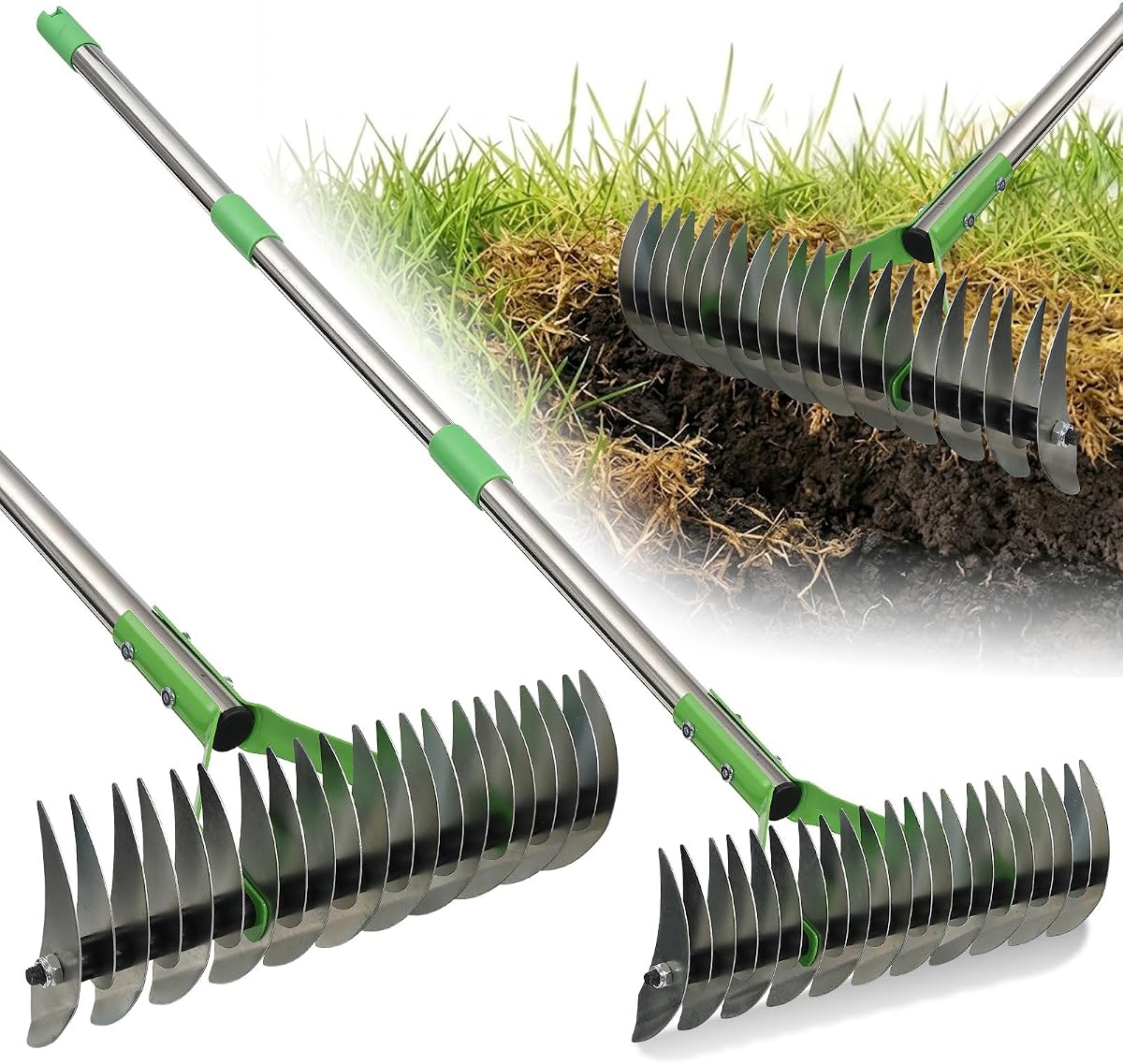 Rastrillo de paja resistente para césped – Rastrillo de limpieza profunda de 13 pulgadas para eliminación de hierba muerta y musgo, herramienta de desbrozadora y escarificador manual de doble cara, mango de metal de 65 pulgadas de largo para el cuidado del césped del jardín