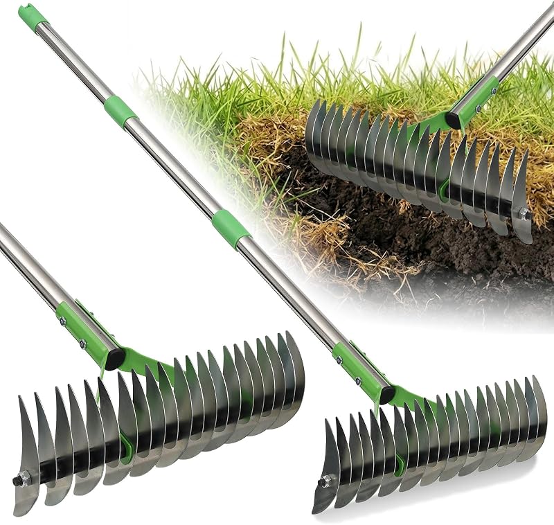 Rastrillo de paja para césped, rastrillo de paja resistente de 13 pulgadas, púas afiladas de acero al carbono, rastrillo manual 2 en 1 y escarificador para hierba muerta, eliminación de musgo, extracción de césped, mango ajustable de 50 pulgadas