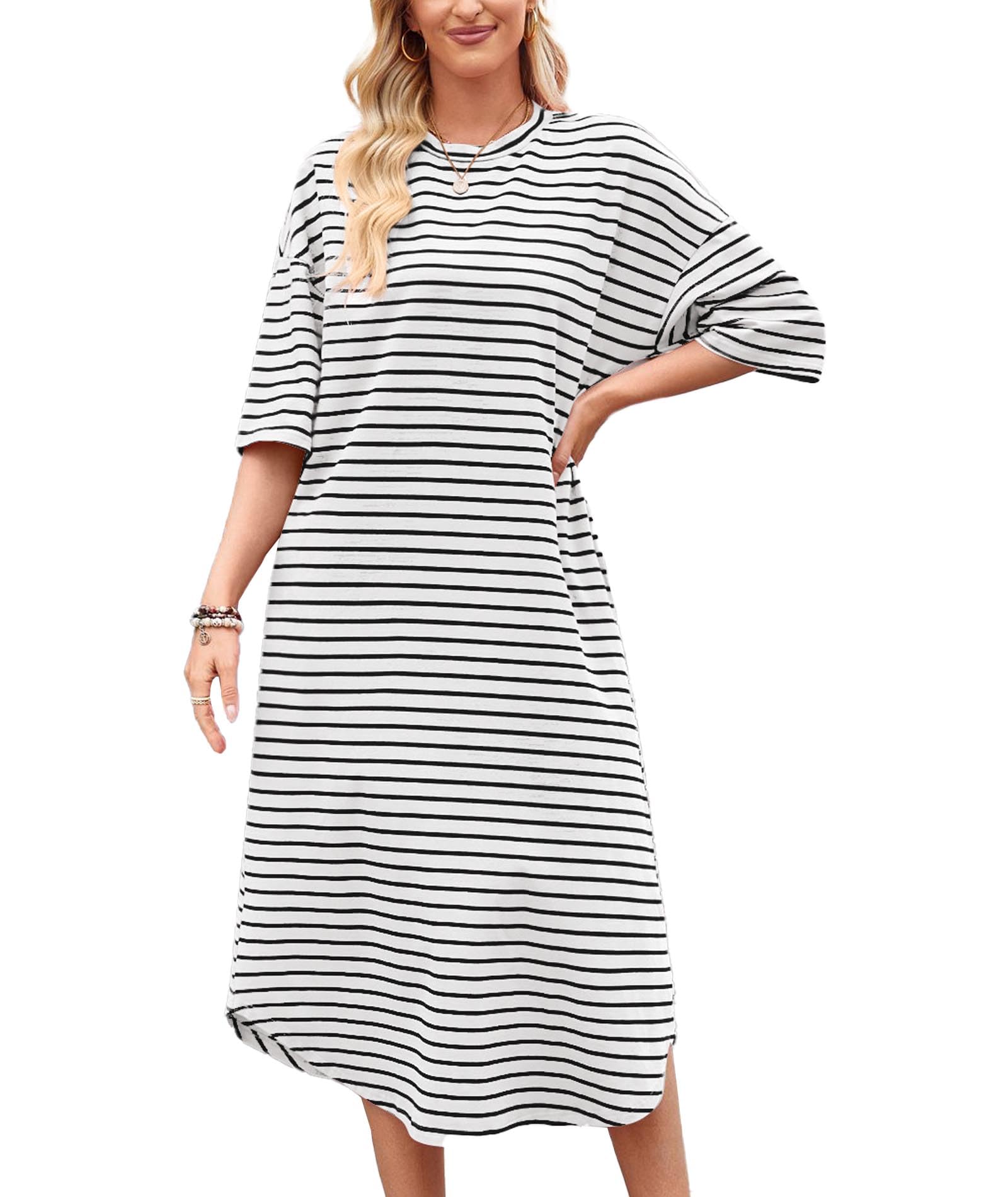xxxiticat Abito da donna casual, estivo, spiaggia, vacanze, nero e bianco, a righe, con tasca
