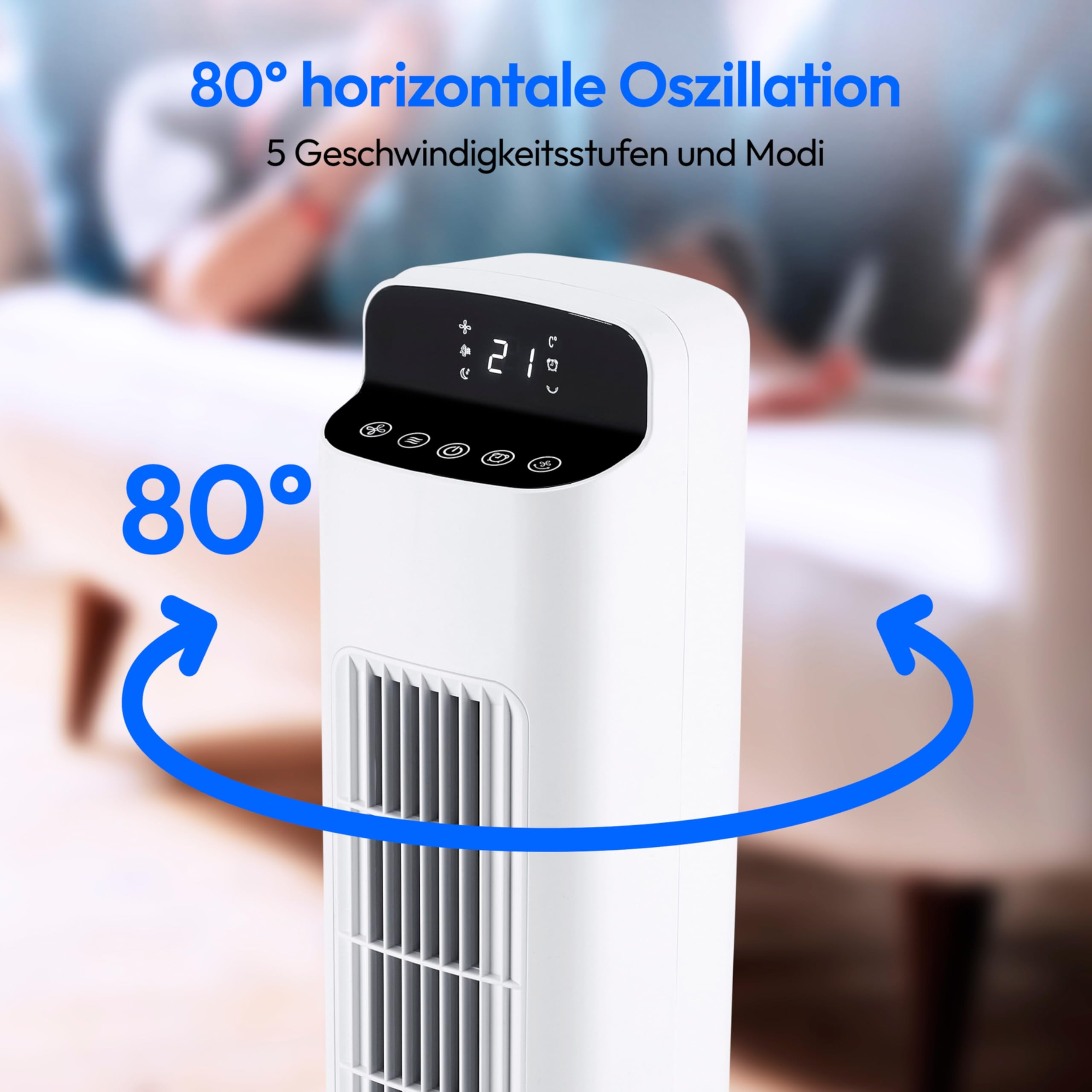 MEDION P15 TF Turmventilator mit Fernbedienung (5 Geschwindigkeitsstufen, leiser Schlafmodus, 45 Watt Leistung, Automatische 80° horizontale Oszillation, LED Display, MD10809) weiß