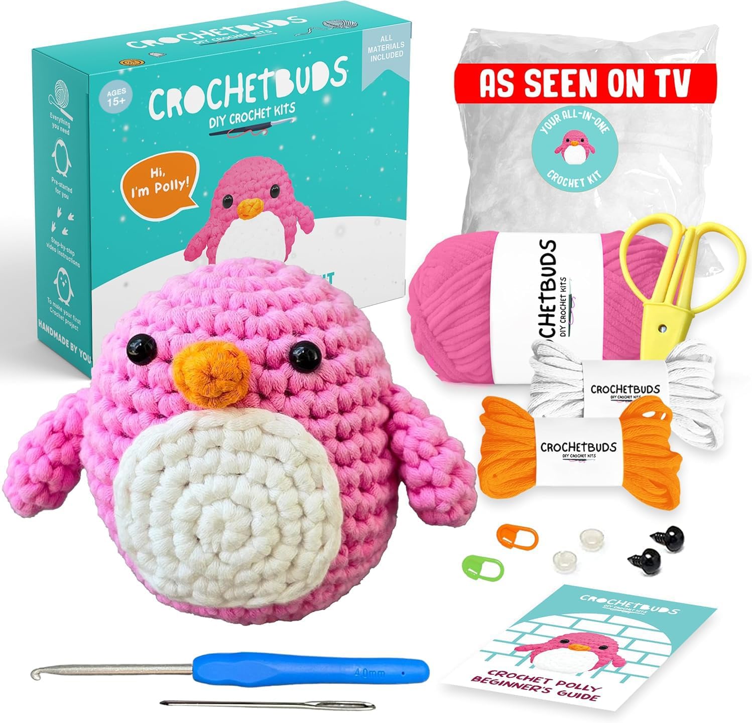 Penguin Crochet Kit for Beginners & Adults (Pink) – DIY Yarn Craft for Couples, Teens & Animal Lovers | Complete Kit w/Hook, Pattern, Step-by-Step Video & Written Tutorials | Fun Gift (Ages 15+)
