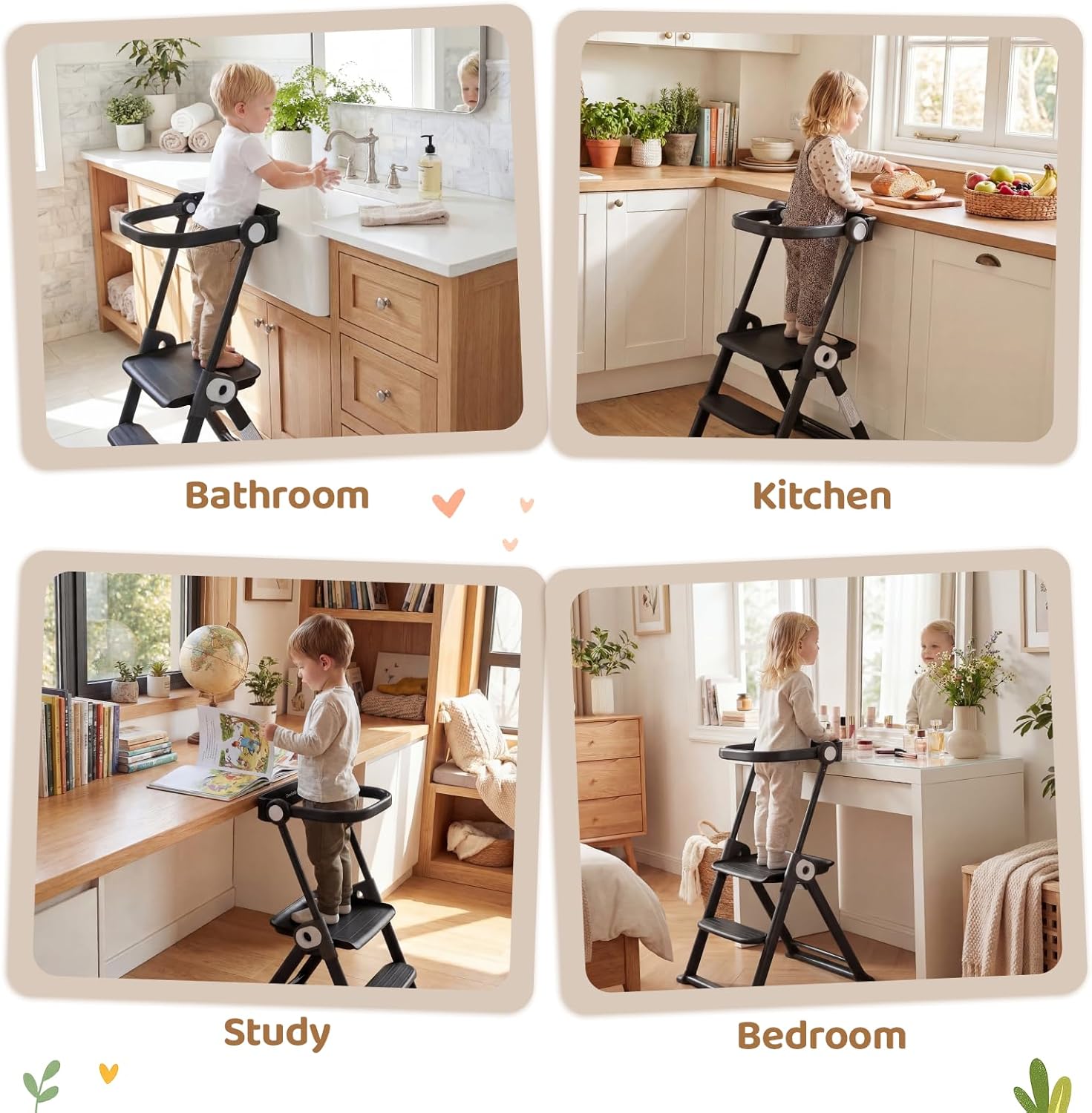 Cowiewie Toddler Tower, Foldable Adjustable Kitchen Step Stool, Montessori Learning Helper for Sink & Counter, Ages 18 Months to 4 Years, CPC Certified, Black