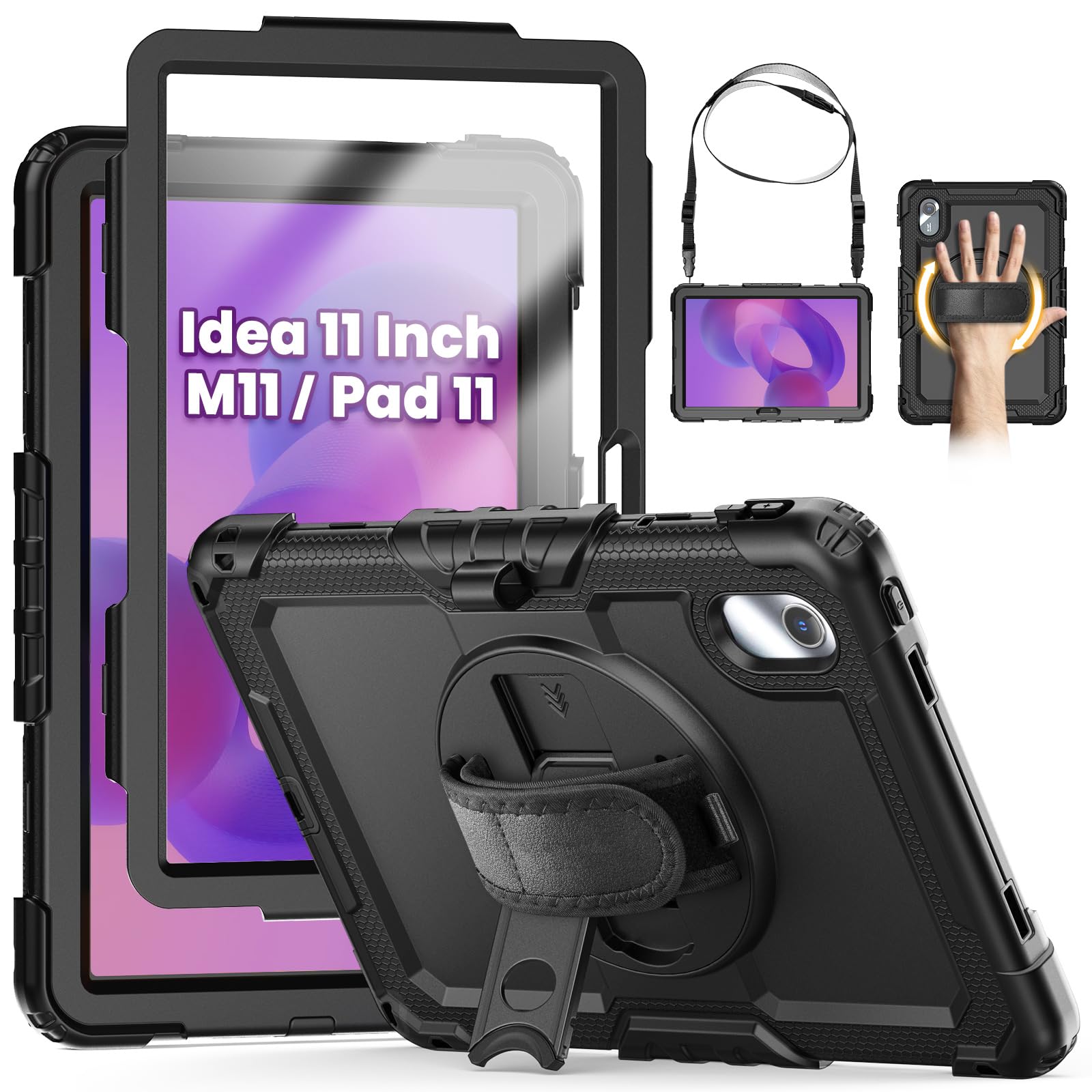 SEYMCY Case for Lenovo Idea Tab 11" 2025/ Tab M11/ K11 LTE/Xiaoxin Pad 11 inch 2024, Full-Body Shockproof with Screen Protector, 360° Rotating Stand & Hand Strap, Carrying Strap, Pen Holder, Black