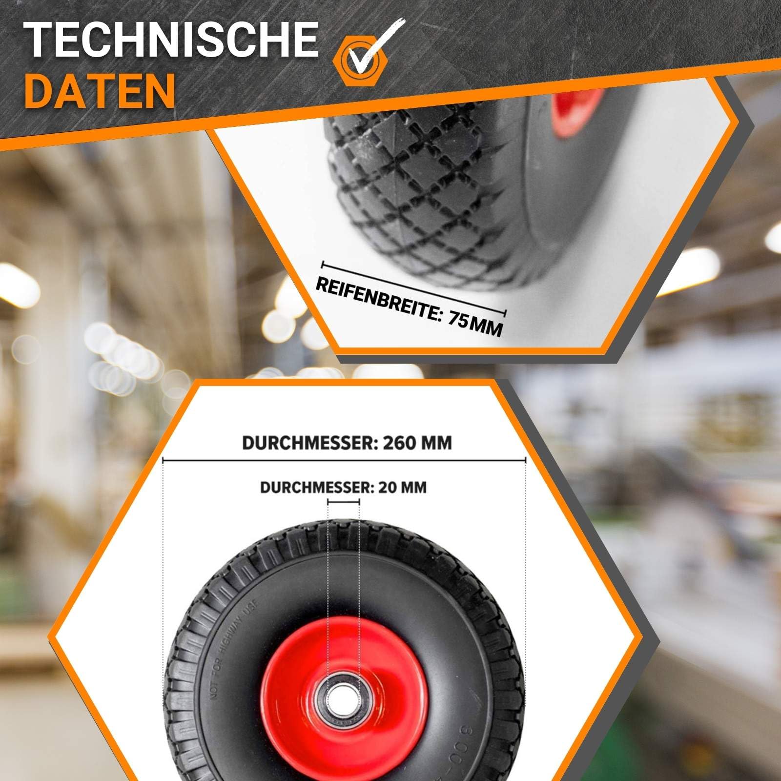 Brandless Sackkarrenrad 4er Set | Vollgummi Ersatzrad Pannensicher | 110kg | Nabenlänge 75mm & 20mm Achsbohrung | Belastbare Gummimischung für Garten, Gewerbe & Industrie | Hoher Federungskomfort