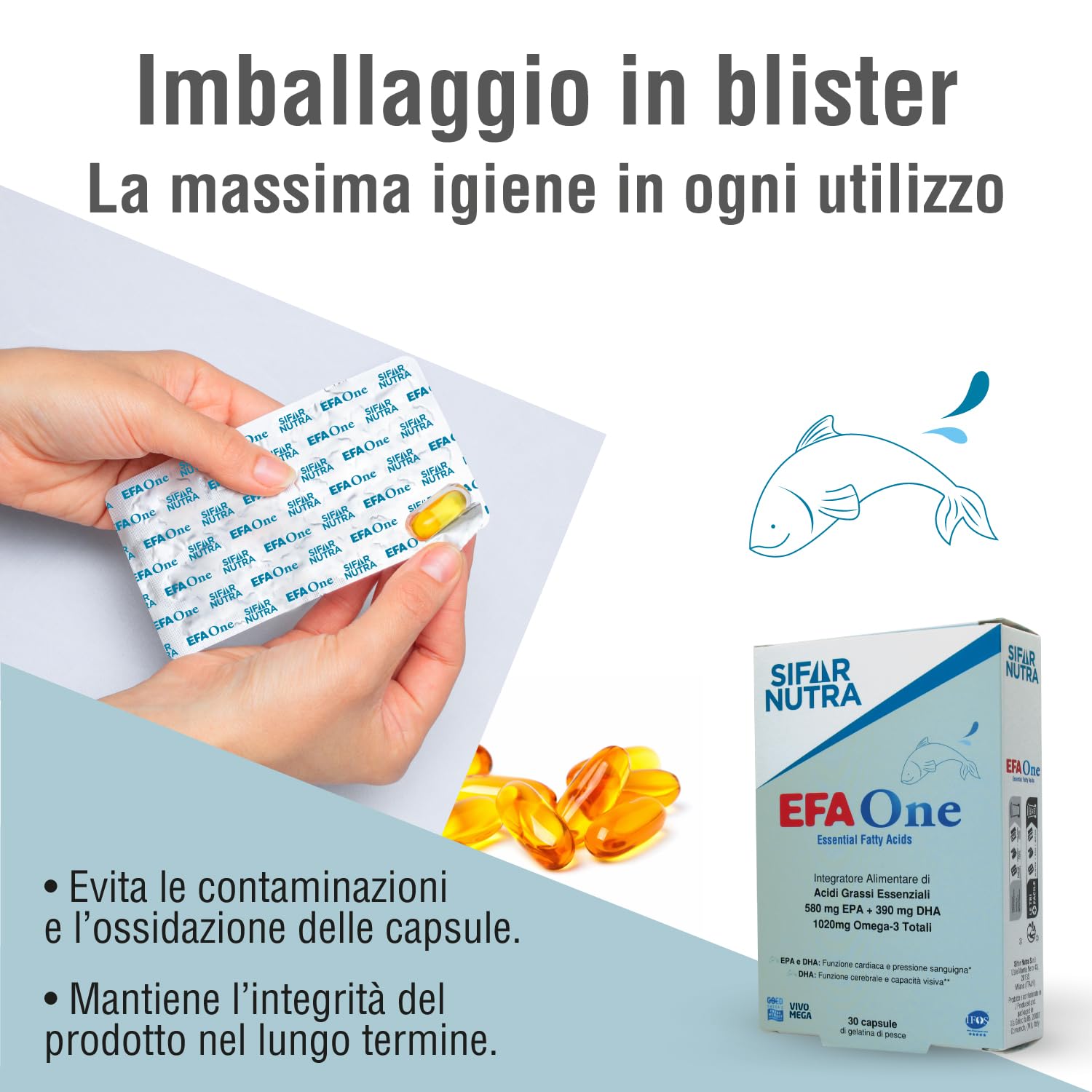 Sifar Nutra EFA One | IFOS certificato 5 stelle | Olio di pesce Omega 3 1020 mg | 580 mg EPA +390 mg DHA | funzione cardiaca | integratore memoria | forma trigliceride | 90 cps (3 Confezioni)