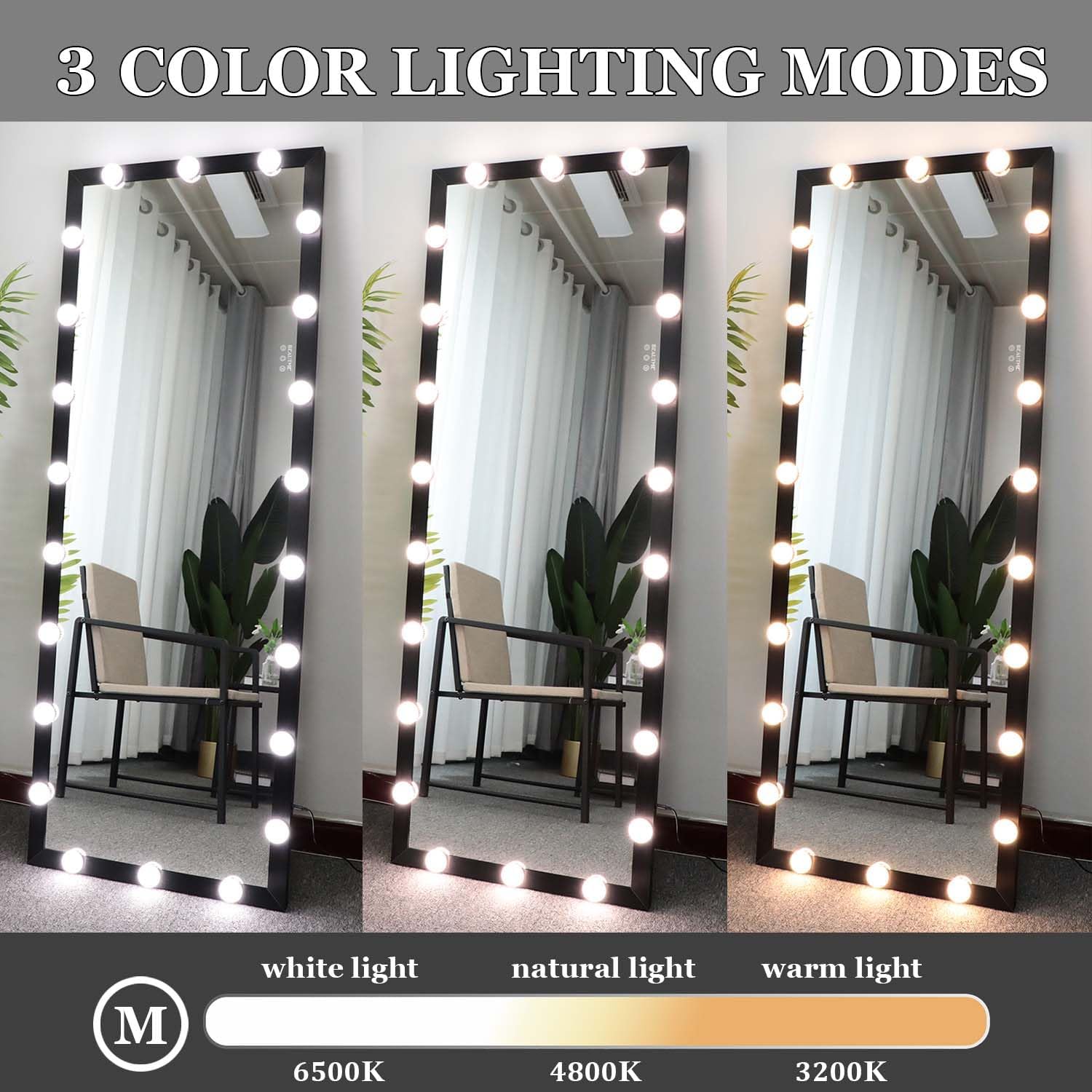 63"X 24" Hollywood Full Length Mirror with Lights, LED Floor Mirror Light Metal Frame, Dimming & 3 Color Modes LED Full Body Dressing Stand and Wall Mounted Long Mirror (Black)