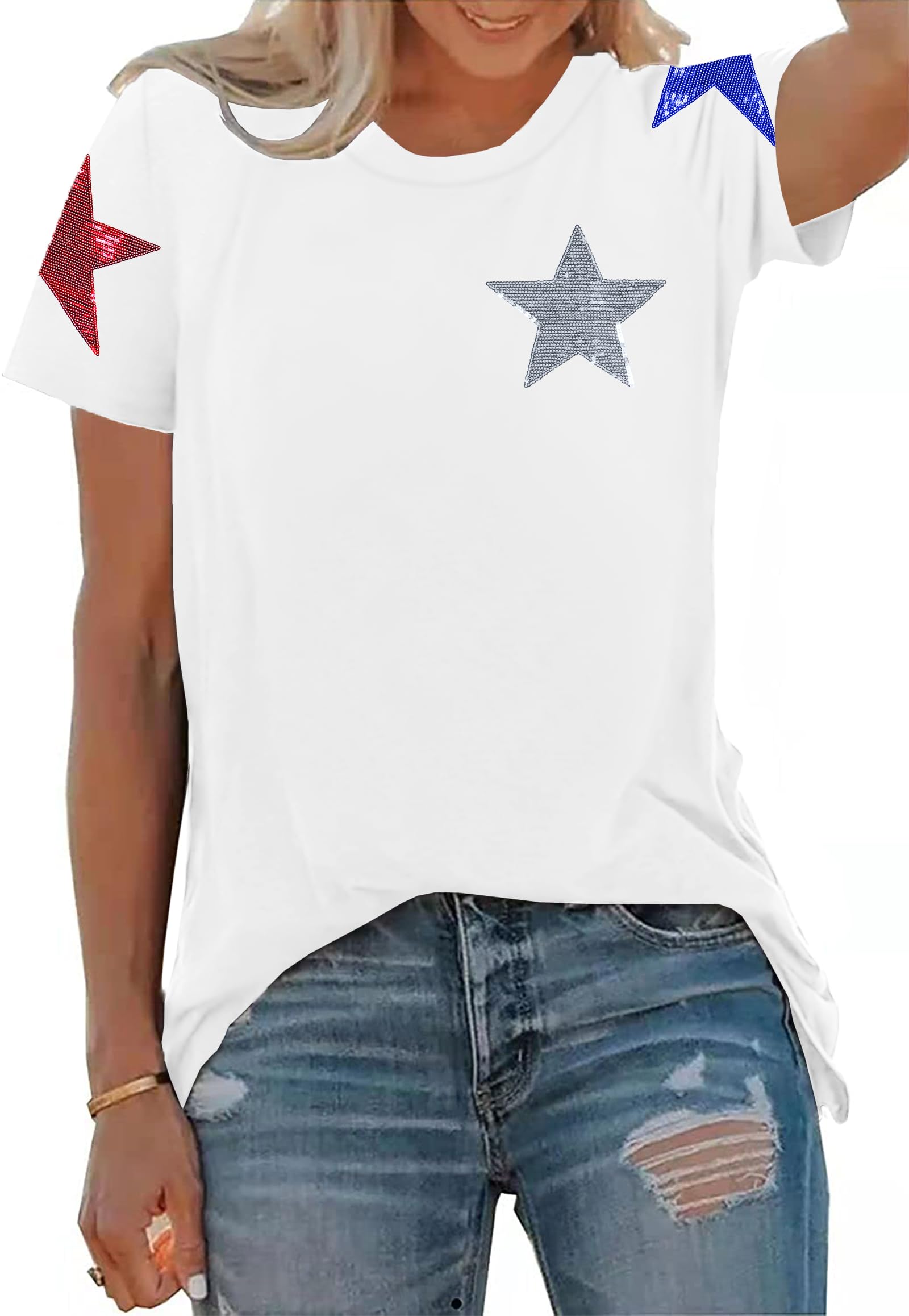 VVNTY Sequin Star Shirt Women: Sparkly 4th of July T Shirt Red White and Blue Tshirt Patriotic Short Sleeve Tops