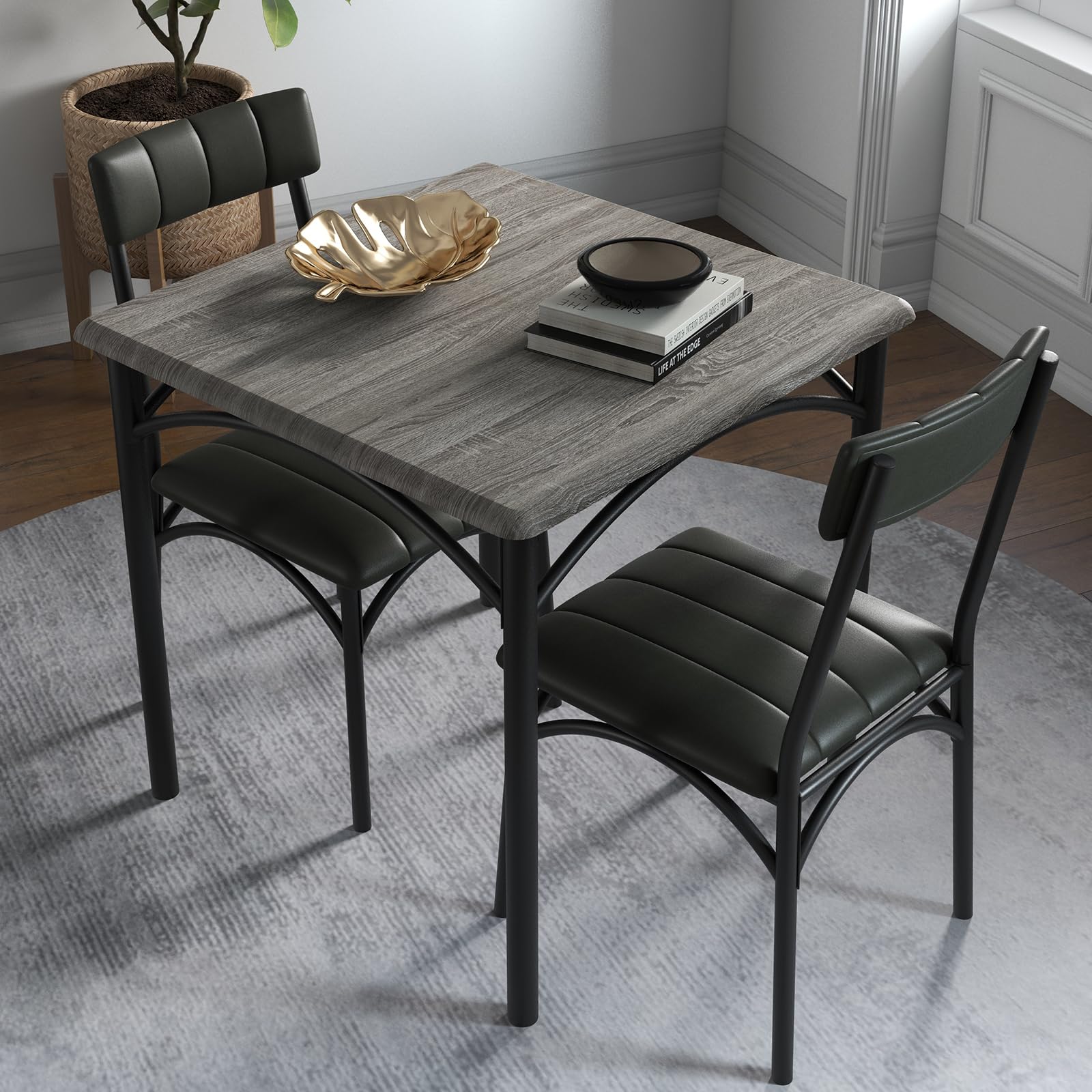 Esszimmertisch-Set 1 Tisch 2 Stühle, Küchentisch mit gepolsterten Stühlen, kompaktes Esstisch-Set aus Holz und Eisengestell, platzsparend, pflegeleicht, einfache Montage, Zementgrau