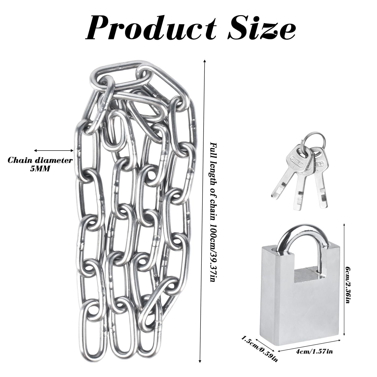 lucchetti per bicicletta, 80 cm, catena di sicurezza, lucchetto per moto, catena in acciaio inox con lucchetto e chiave per garage, porte, recinzioni, scooter, antifurto (100cm)