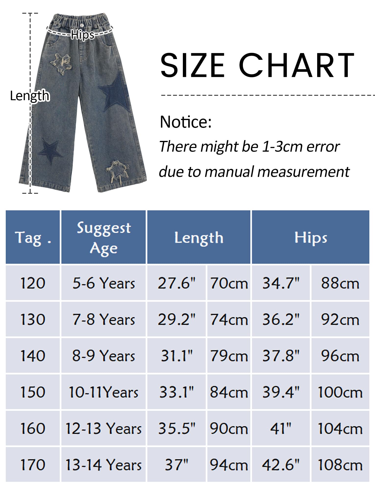 Maeau Jeans con gamba larga per ragazza, pantaloni in denim, pantaloni dritti per il tempo libero, con elastico in vita e tasche, motivo pentagramma, taglia 120-170
