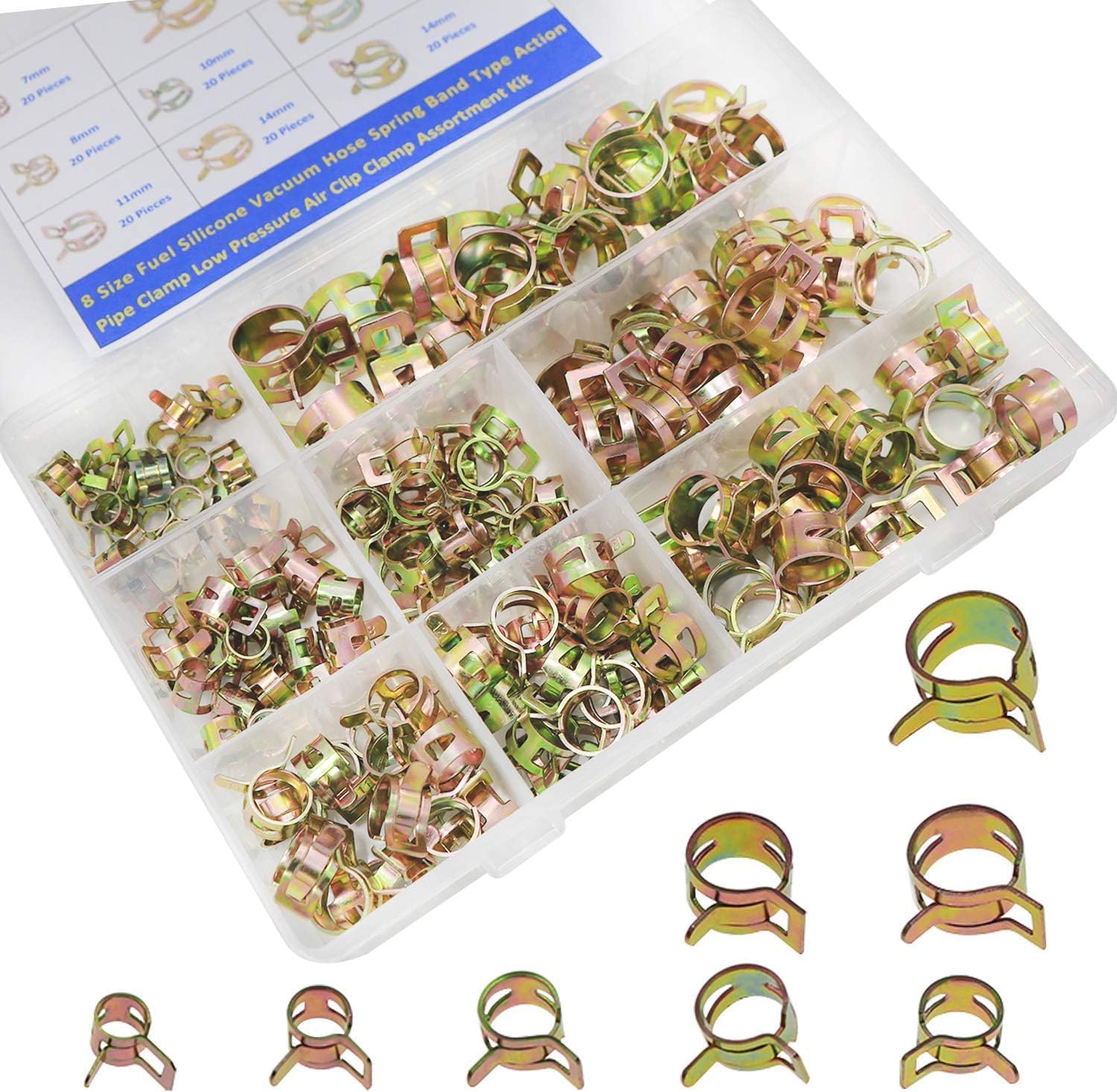 Spring Band Hose Clamps Assortment kit 7 mm - 17 mm Fuel Line Silicone Vacuum Hose Pipe Clamp 7mm 8mm 10mm 11mm 12mm 14mm 16mm 17mm Low Pressure Air Clip Clamp 160Pcs