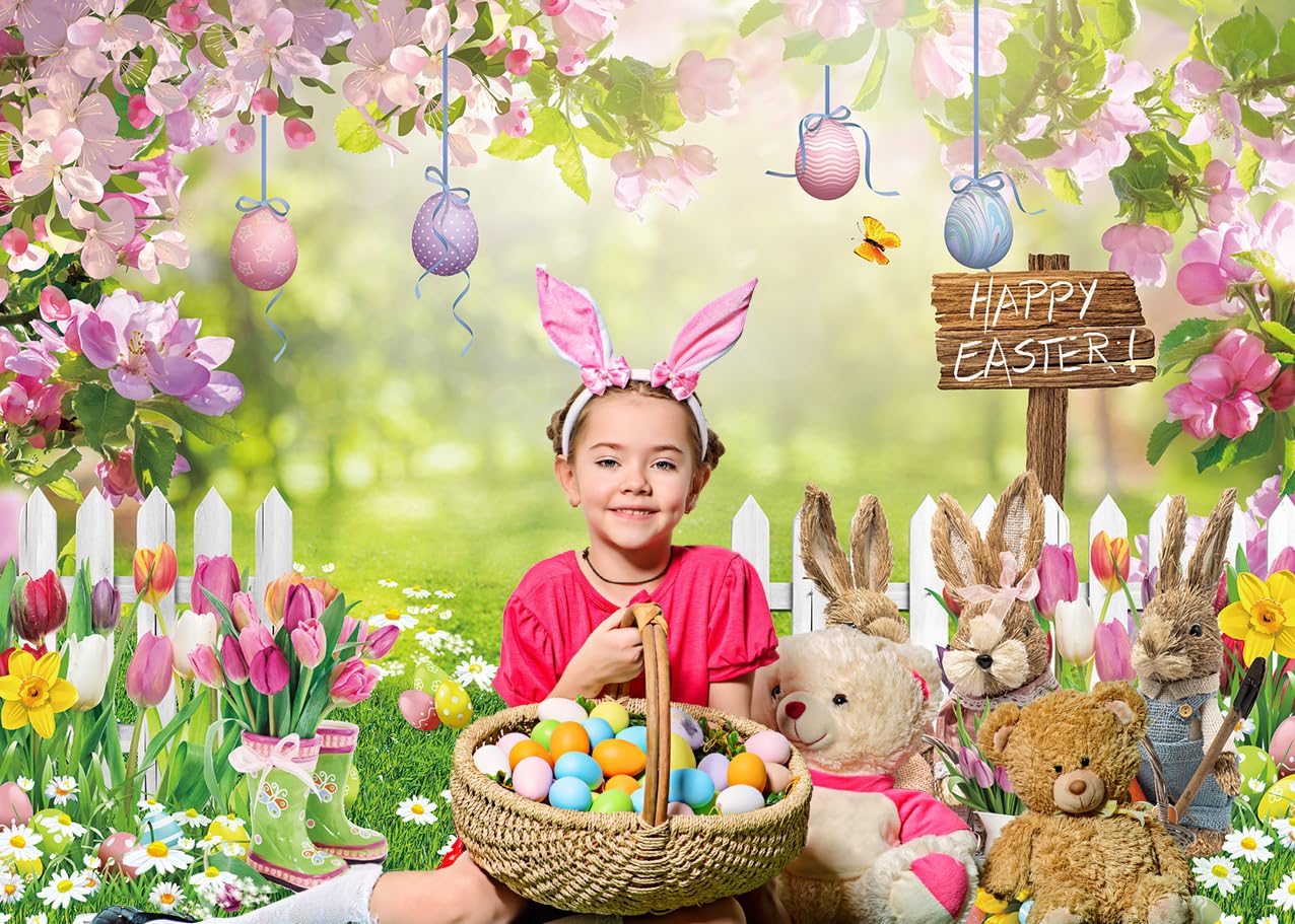 Frühlings/Oster Fotohintergrund – 1,5 X 2,1 M, Mit Kaninchen, Eiern & Blumen, Vinyl, Für Baby-Shooting & Geburtstag
