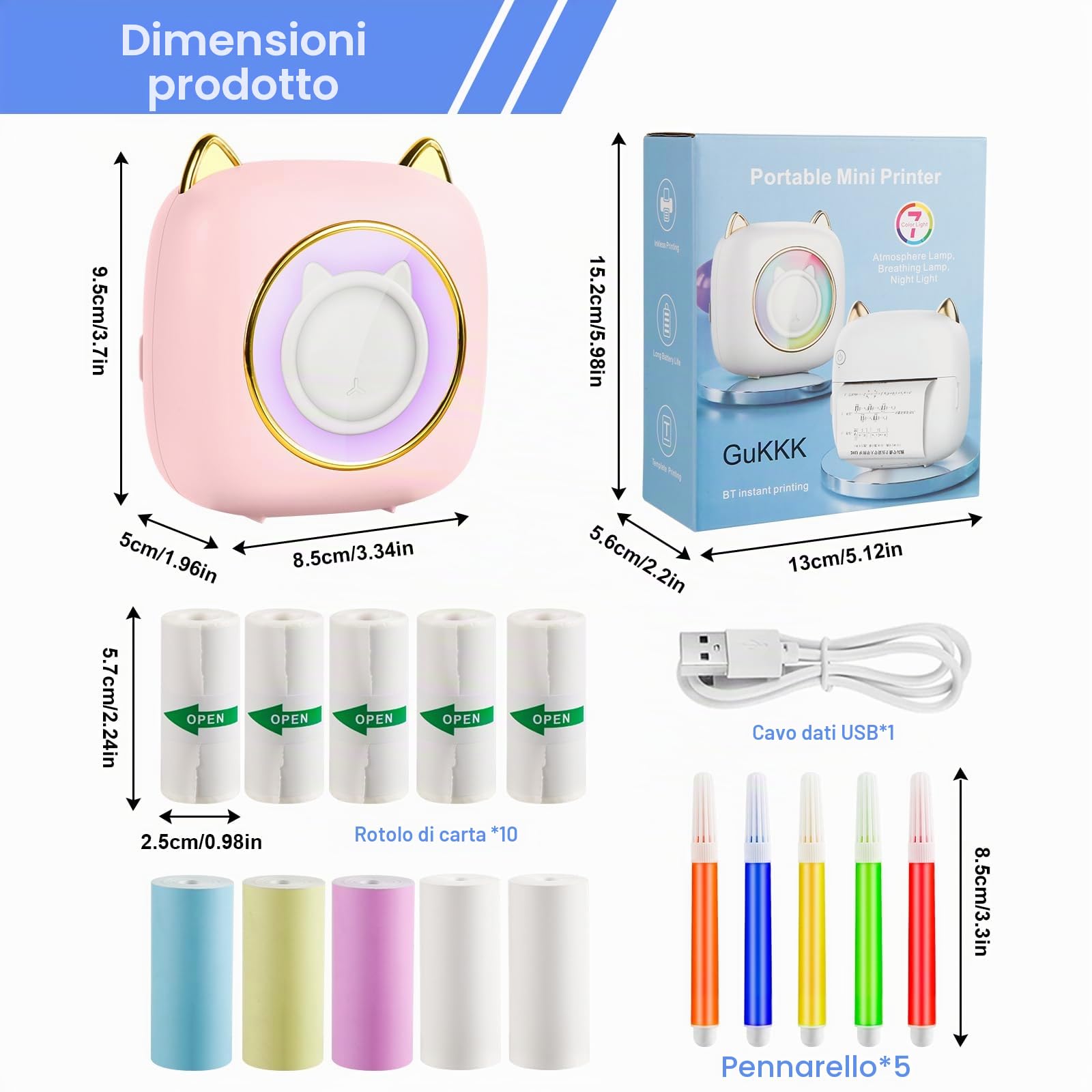 Mini Stampante Fotografica Termica Portatile Bluetooth con LED, Ricarica USB per Note e Diario