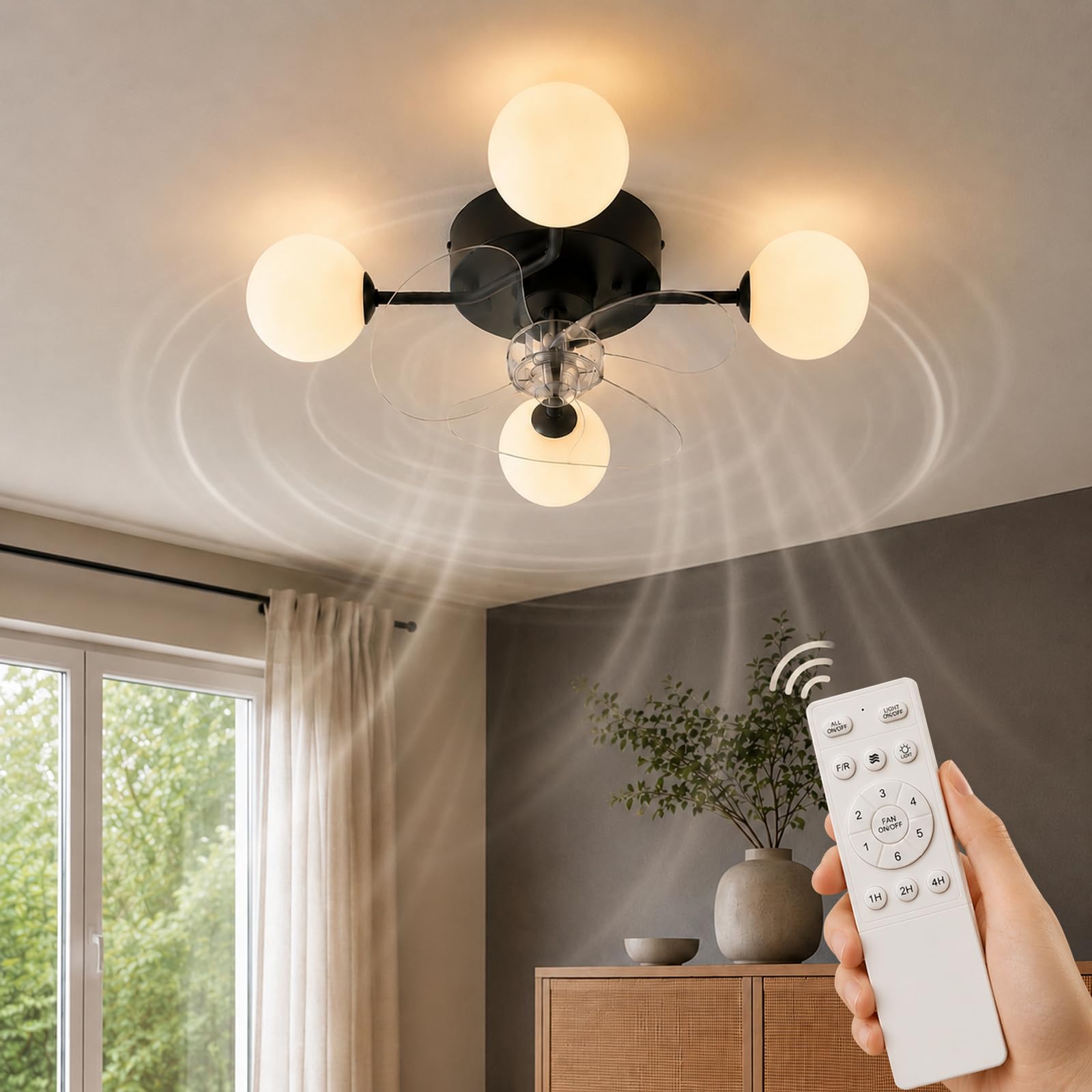 Homefire Deckenventilator G9 Kugel 4 Flammig Deckenlampe mit Ventilator | Leise Deckenventilatoren, 6-Gang Timer Schwarz Küche Lampe Mit Ventilator/Fernbedienung für Esszimmer - Ohne Leuchtmittel