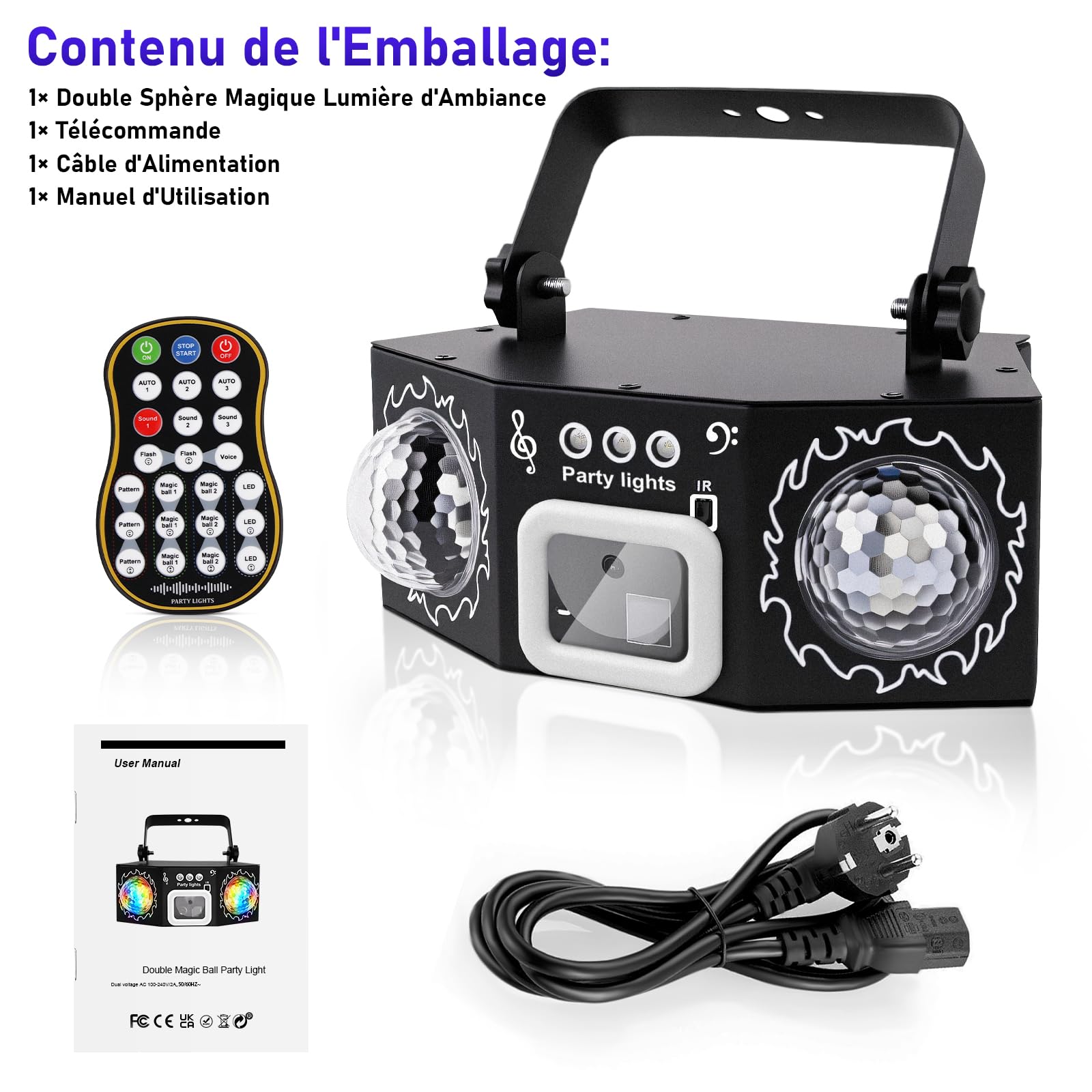 Jeu de Lumière Disco avec 2 Boules Disco Lumière DJ RGB Activée par Musique, Lampe de Scène pour Fête, Soirée DJ, Noël et Halloween