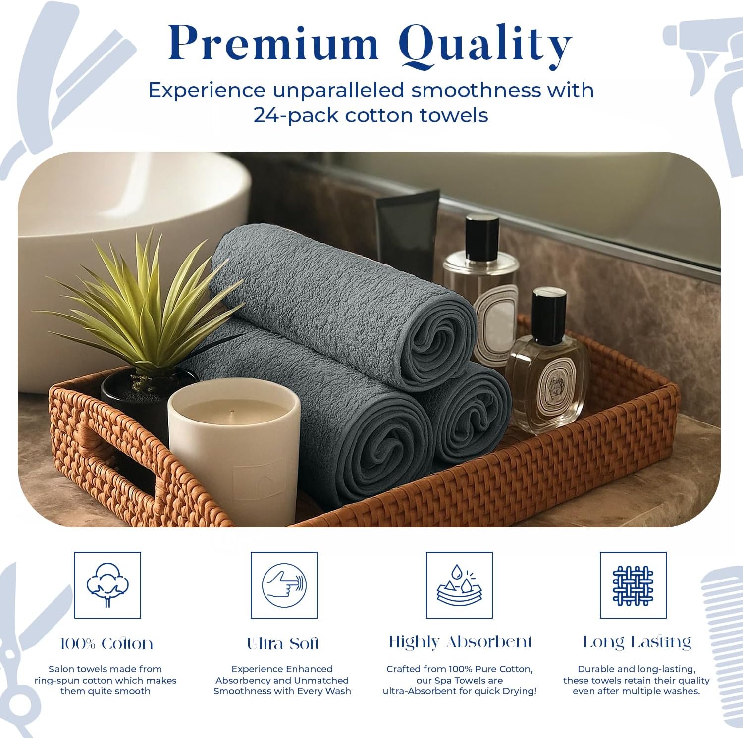 DAN RIVER 100% Cotton Salon Towels Set – 16x26 inches, Grey, Pack of 24, 400 GSM – Highly Absorbent and Quick-Dry Towels for Hand, Salon, Spa, Beauty, Gyms and Home Hair Care