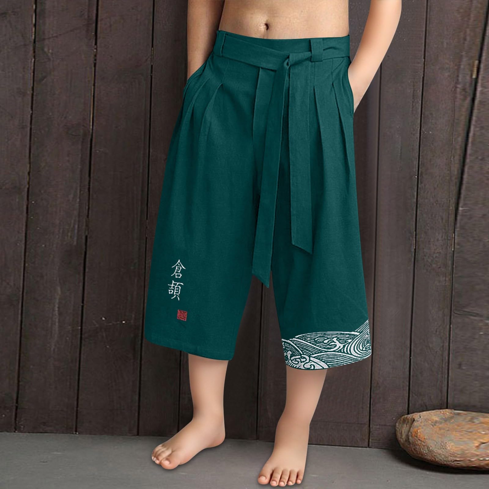 Pantaloni Giapponesi Bambini Ragazzo Corti in Lino Pantaloni Taro Tradizionali con Coulisse Vestiti Autentici Pantaloni Capri Giapponese 4-15 Anni