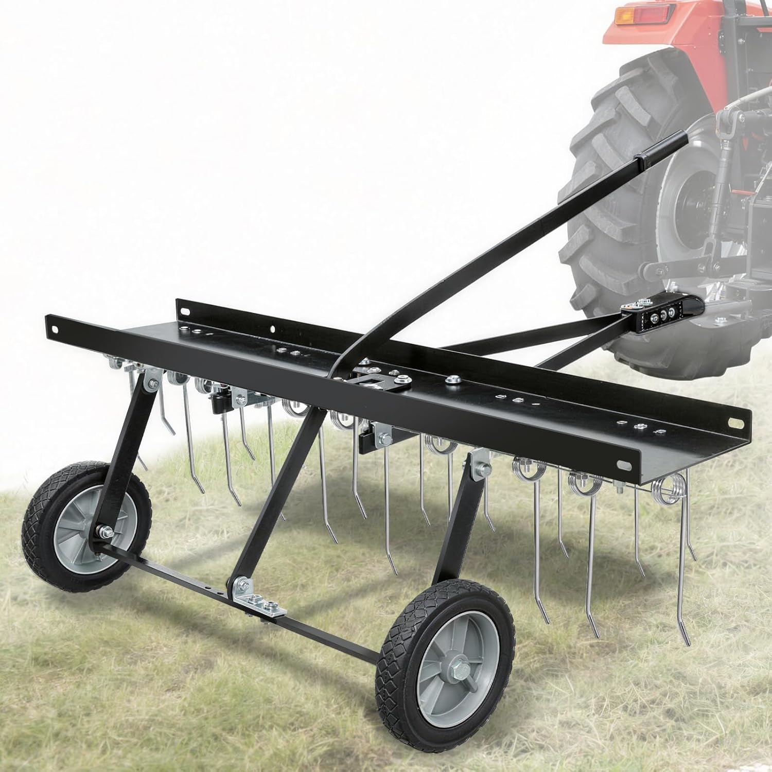 40Inch Tow Dethatcher with 20 Tines, Outdoor Yard Tow Behind Lawn Rake, Lawn Sweeper Tractor Rake , for Leaves, Pine Needles, Grass, Black