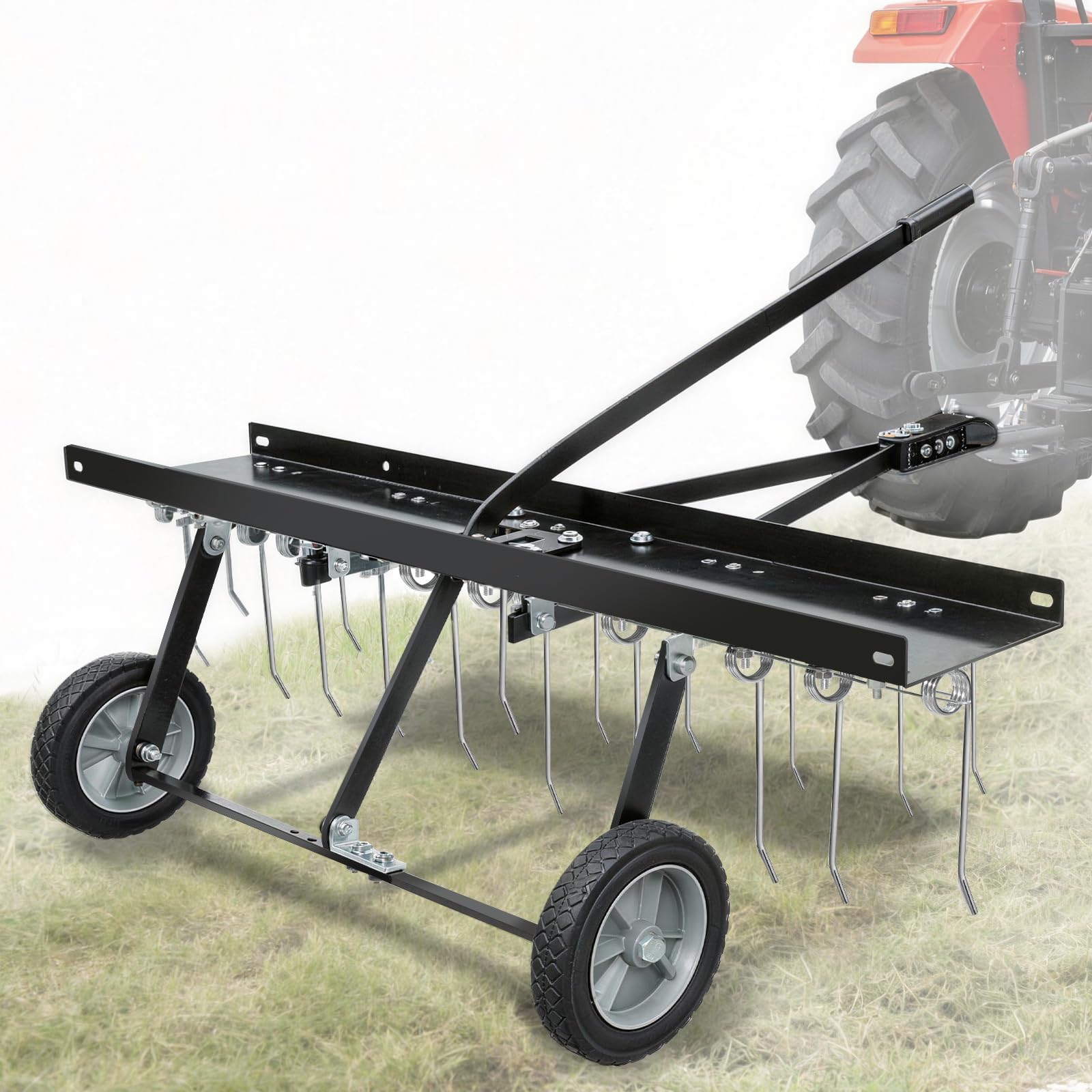 Râteau tracté pour pelouse de 101,6 cm avec 20 dents noires pour feuilles et herbe