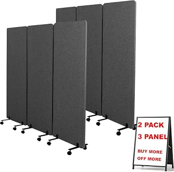 Soundproof Room Divider W/Wheels, 66in Office Dividers for Sound Proofing & Reducing, Sound Proof Dividers for Office Partitions Portable Acoustic Wall Divider Dark Grey, 3 Panel+3 Panel