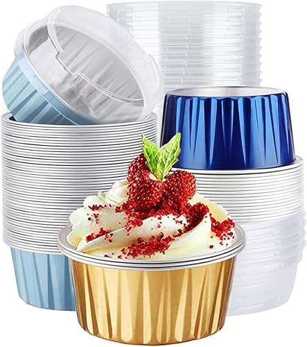 Vasos de aluminio para hornear con tapas, 50 piezas de 5 onzas de papel de aluminio para cupcakes con tapas, vasos desechables de papel de aluminio