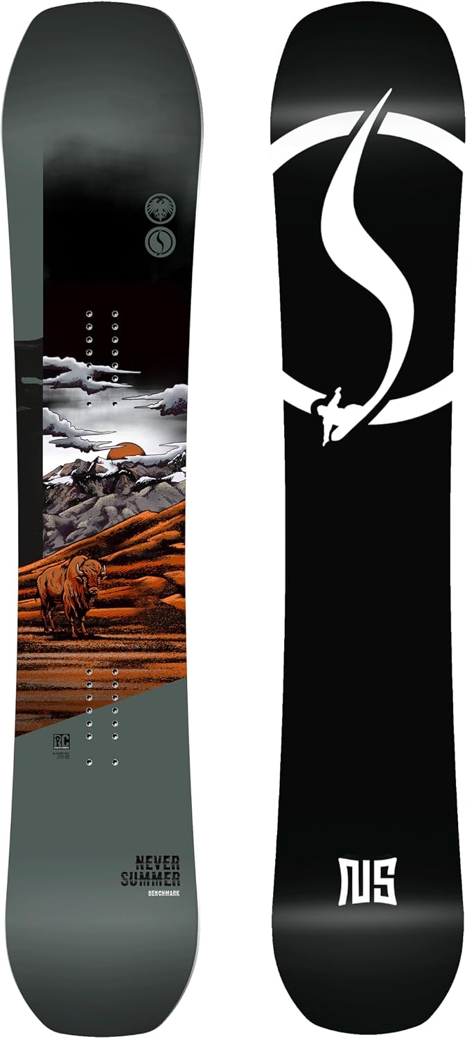 Never Summer Benchmark Men's Freestyle Snowboard - Mid Flex, Rocker-Camber, Poppy, Playful - Park, All-Mountain