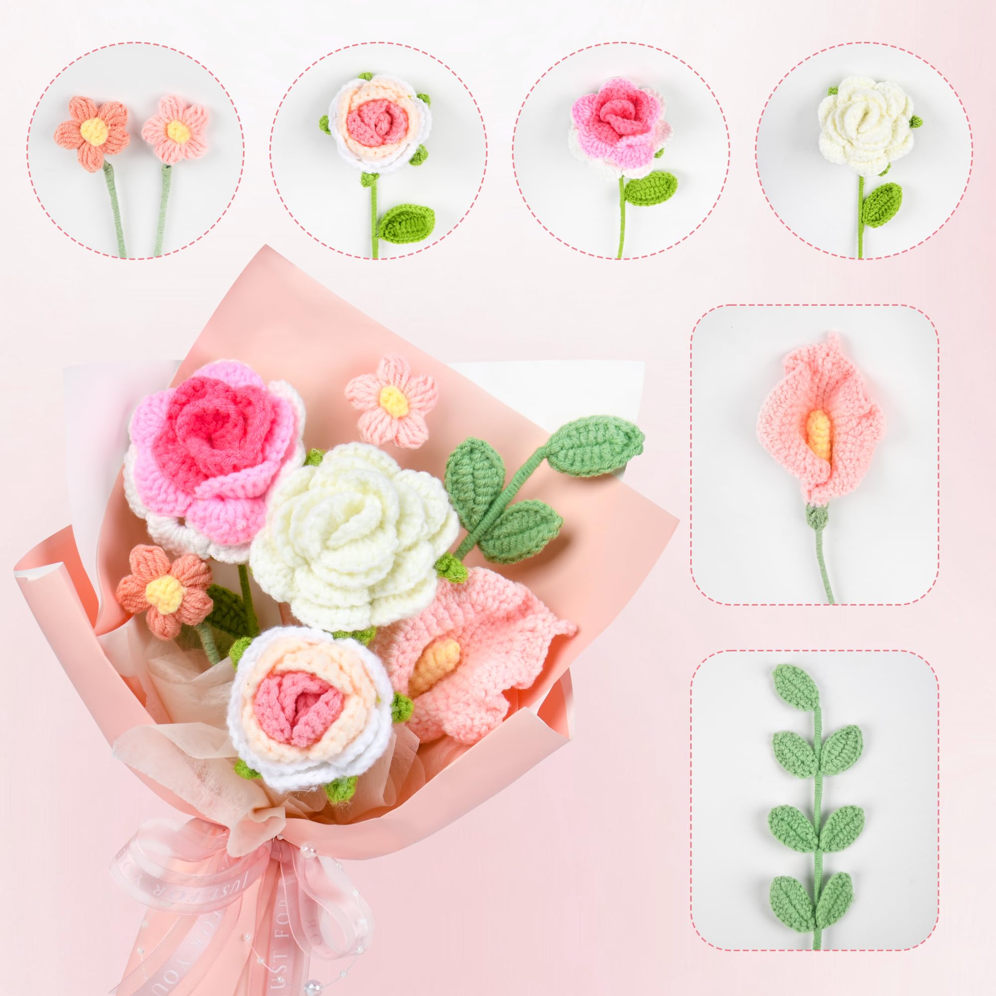 MengxFly Crochet Flower Bouquet, Pink Rose Handmade Crochet