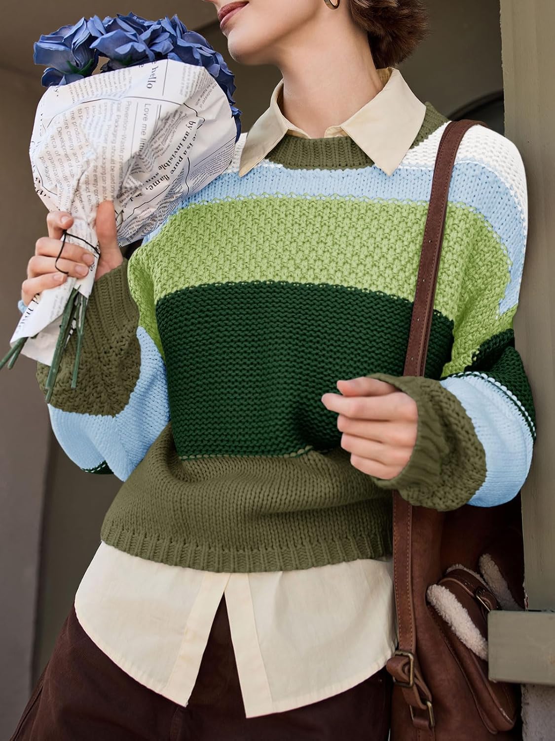 Saodimallsu Womens Color Block Cropped Sweaters 2025 Winter Trendy Casual Oversized Y2k Going Out Striped Pullover Tops - Image 2