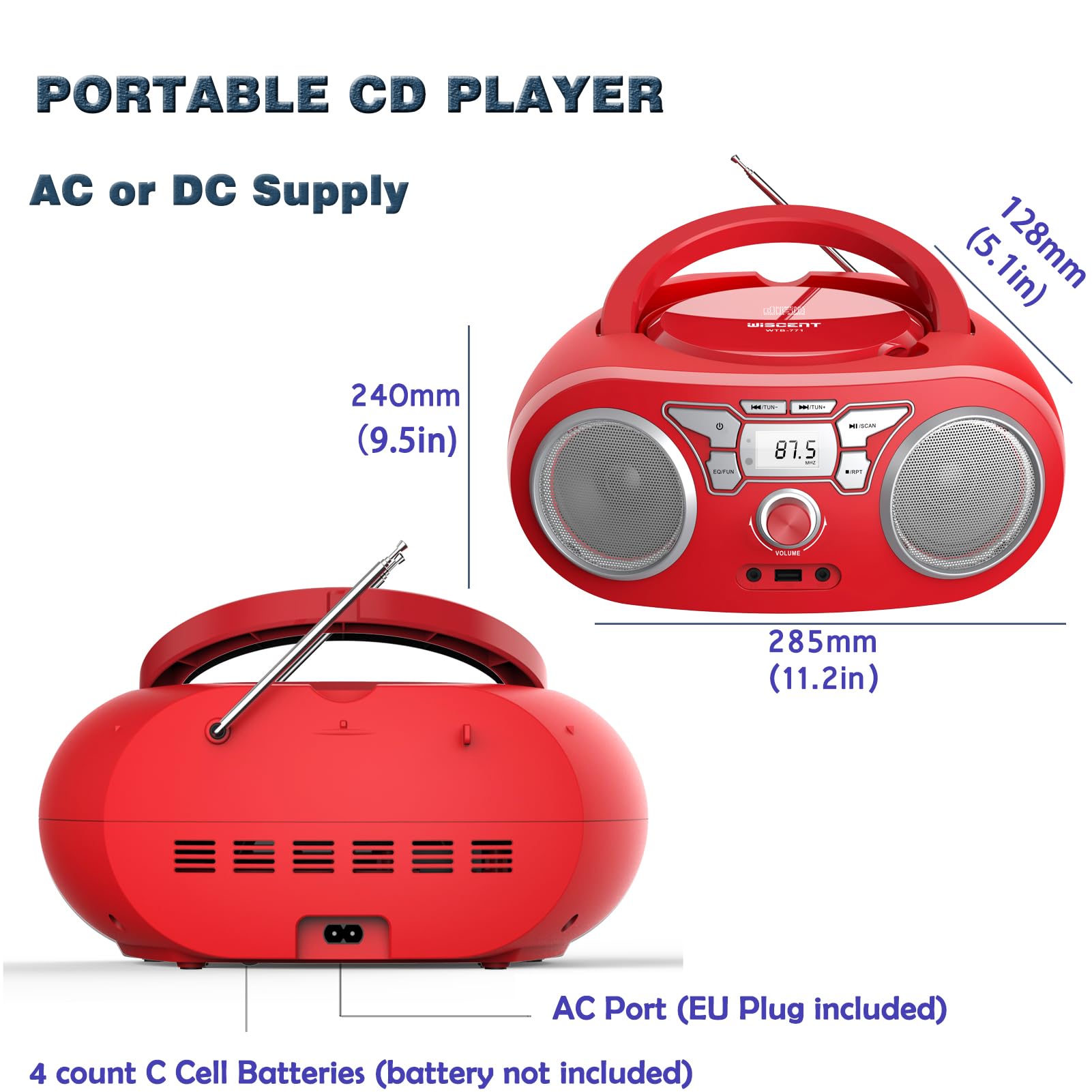 Radio CD Reproductor de CD portátil CD MP3 con Bluetooth, USB, Radio FM, Entrada Auxiliar,Sistema estéreo CD Boom Box