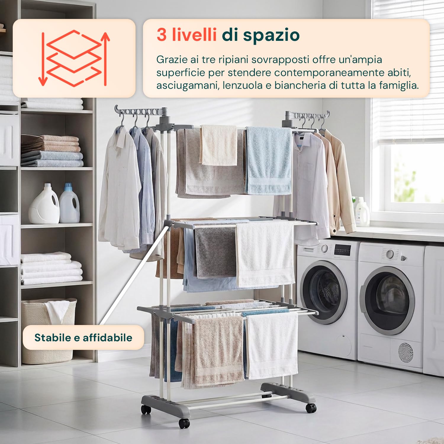 Avilia - Stendino Verticale 3 Livelli con Ruote Pivottanti – Stendibiancheria Verticale Salvaspazio PP+Ferro, 20 kg | Stendino Salvaspazio L105×P64×A173 cm, Bracci 29 cm (Grigio Scuro)