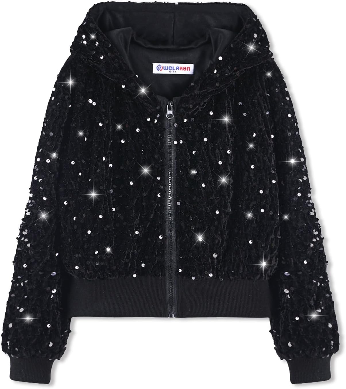 WELAKEN Girls Sequin Jacket for Kids Glitter Long Sleeve Zipper Cropped Bomber Jacket