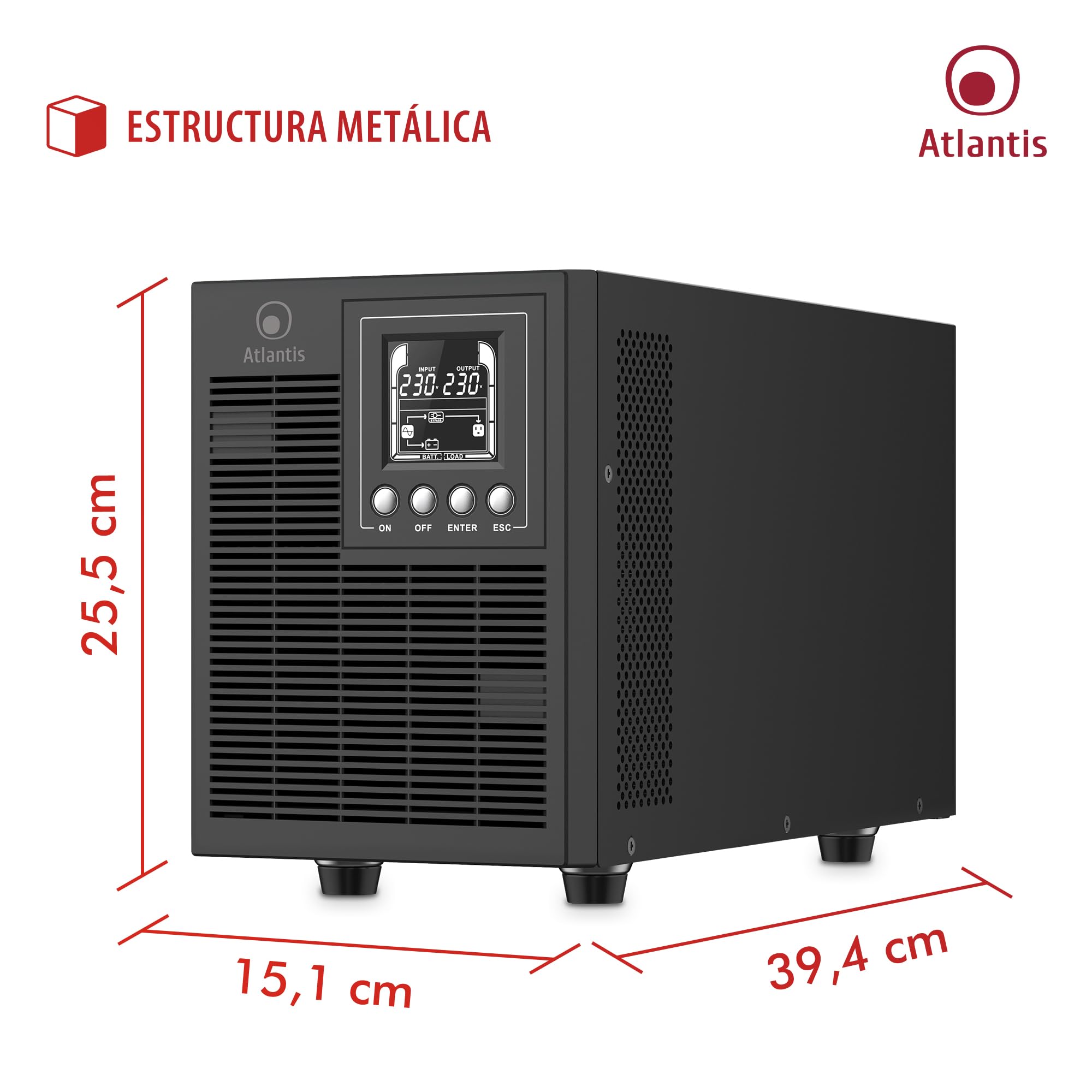 Atlantis A03-OP2002P Pro UPS Sistema de alimentación ininterrumpida Online Doble conversión Onda sinusoidal Pura 2000VA 1800W, Torre, Pantalla LCD, USB, RS-232, 4 Salidas IEC, Ranura SNMP, 4x12V 9Ah