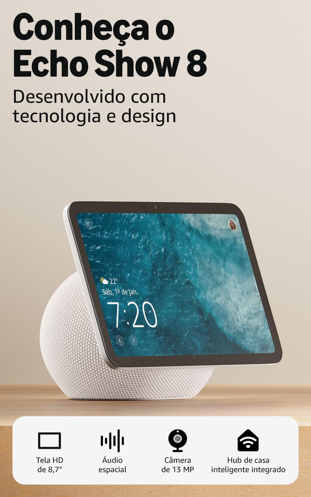 Amazon Echo Show 8 (Geração mais recente) - Com novo design, tela vibrante HD de 8,7", áudio espacial e Alexa, Cor Branca