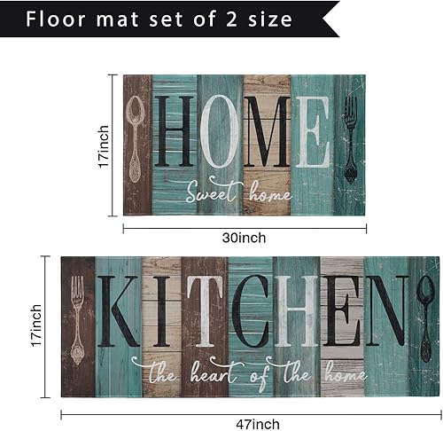 Miniatura 2 de Alfombras de cocina de granja para piso, juego de 2 alfombras de cocina de color verde, marrón, turquesa, verde azulado, alfombra de pasillo