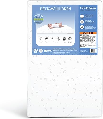 Delta Children Twinkle Galaxy Limited - Colchón miniatura para cuna de 4 pulgadas, núcleo de fibra de origen sostenible premium, impermeable,