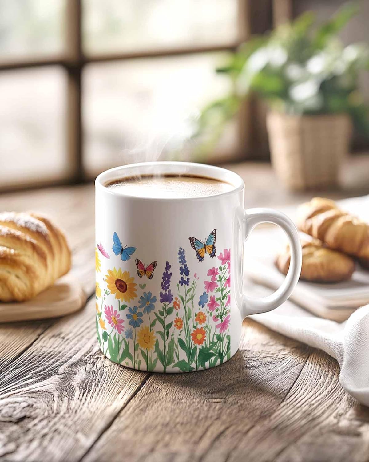 BEMIGO Ceramic Coffee Mug Cartoon Sunflower Butterfly Ceramic Mug White Cup, Spring Flower Insulated Coffee Cup with Handle with Pattern Perfect for Tea and Hot Beverages, 12oz