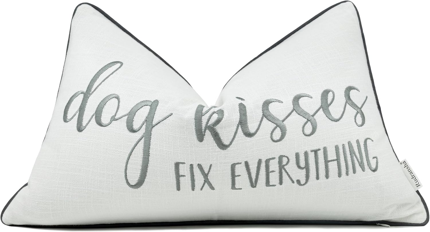 Rudransha Inspirational Dog Quote Lumbar Pillow Cover – 12x20 Ivory Cotton – Dog Kisses Fix Everything