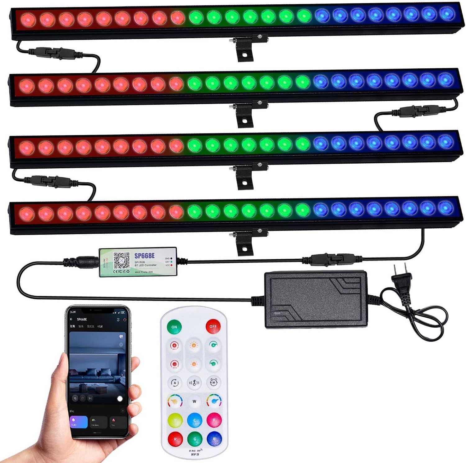 LED Stage Wash Light Bar, 48W RGB Dimmable Wall Washer Lights DJ Light Bar, APP & Remote Control Uplight for Events Outdoor Indoor Wedding Disco Party Home Decoration(4 Pack)